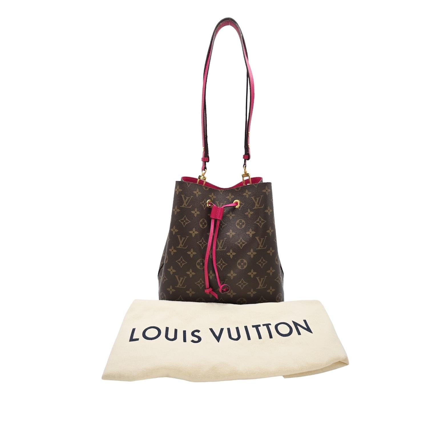 Crafted with Louis Vuitton's iconic monogram coated canvas and smooth cowhide-leather trim, this bucket style shoulder bag exudes sophistication. The adjustable leather strap and polished brass hardware make it both elegant and practical. Its open