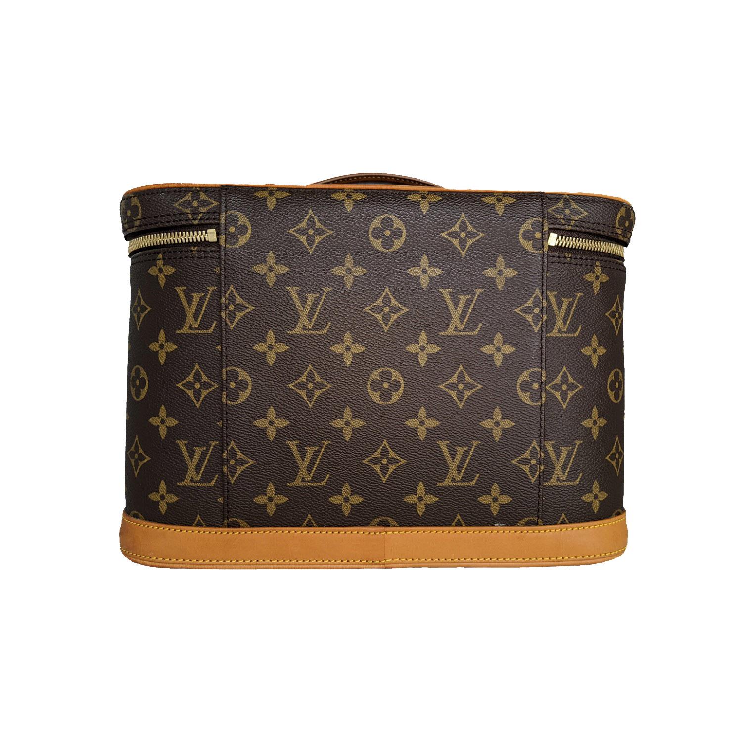 Brown and tan monogram coated canvas Louis Vuitton Nice Beauty Case with brass hardware, tan vachetta leather trim, single flat top handle, beige coated canvas lining, panel and single elasticized slit pocket at flap underside, dual leather bands at