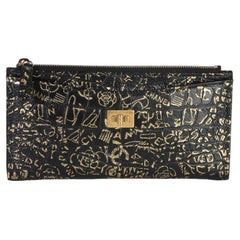 Chanel Black Gold Calfskin Crocodile Embossed Graffiti 2.55 Cocodile Reissue Zip