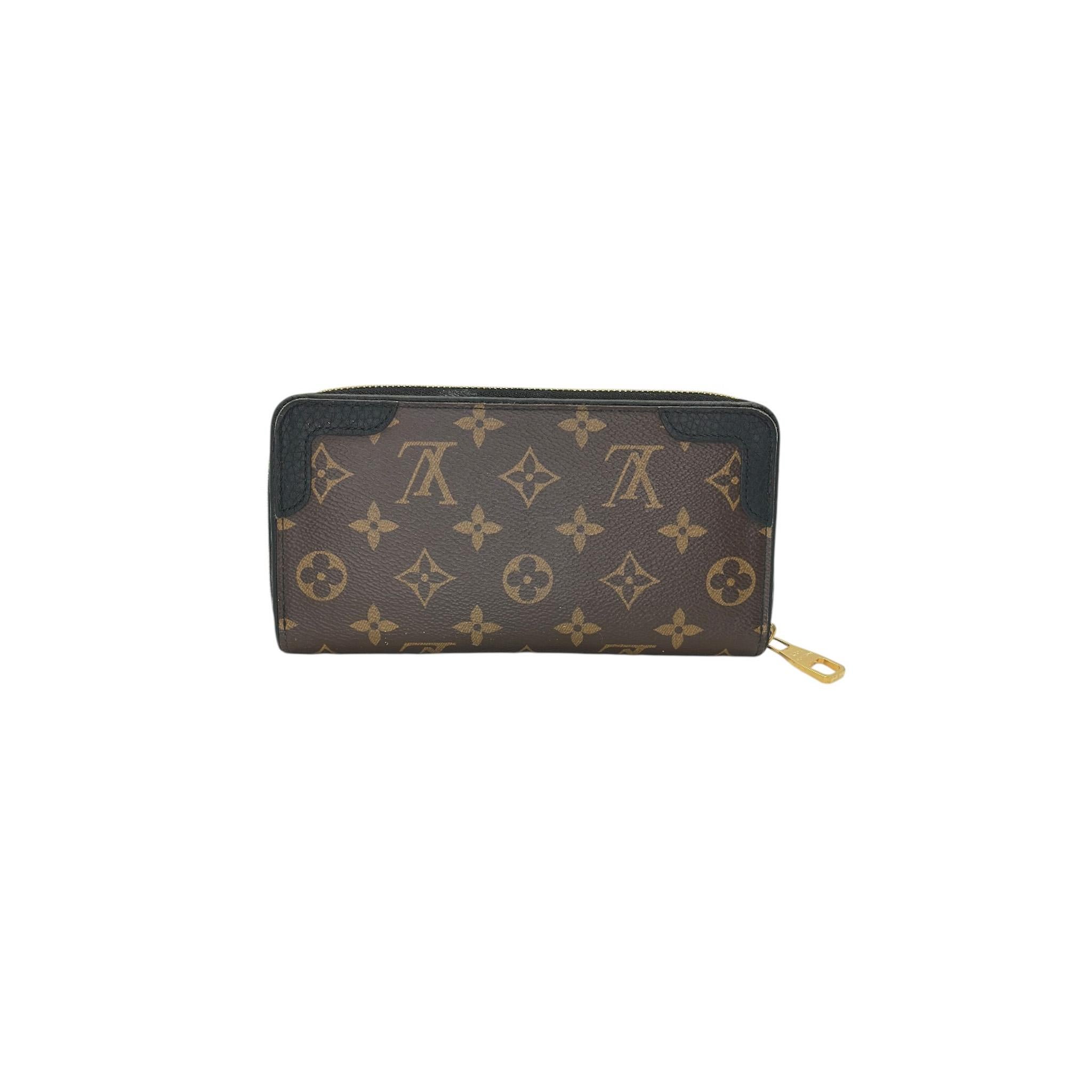 The Louis Vuitton Black Monogram Canvas Retiro Zippy Continental Wallet is a stylish and functional wallet featuring the iconic Monogram canvas with black leather trim. It has a wrap-around zipper closure and a well-organized interior with multiple