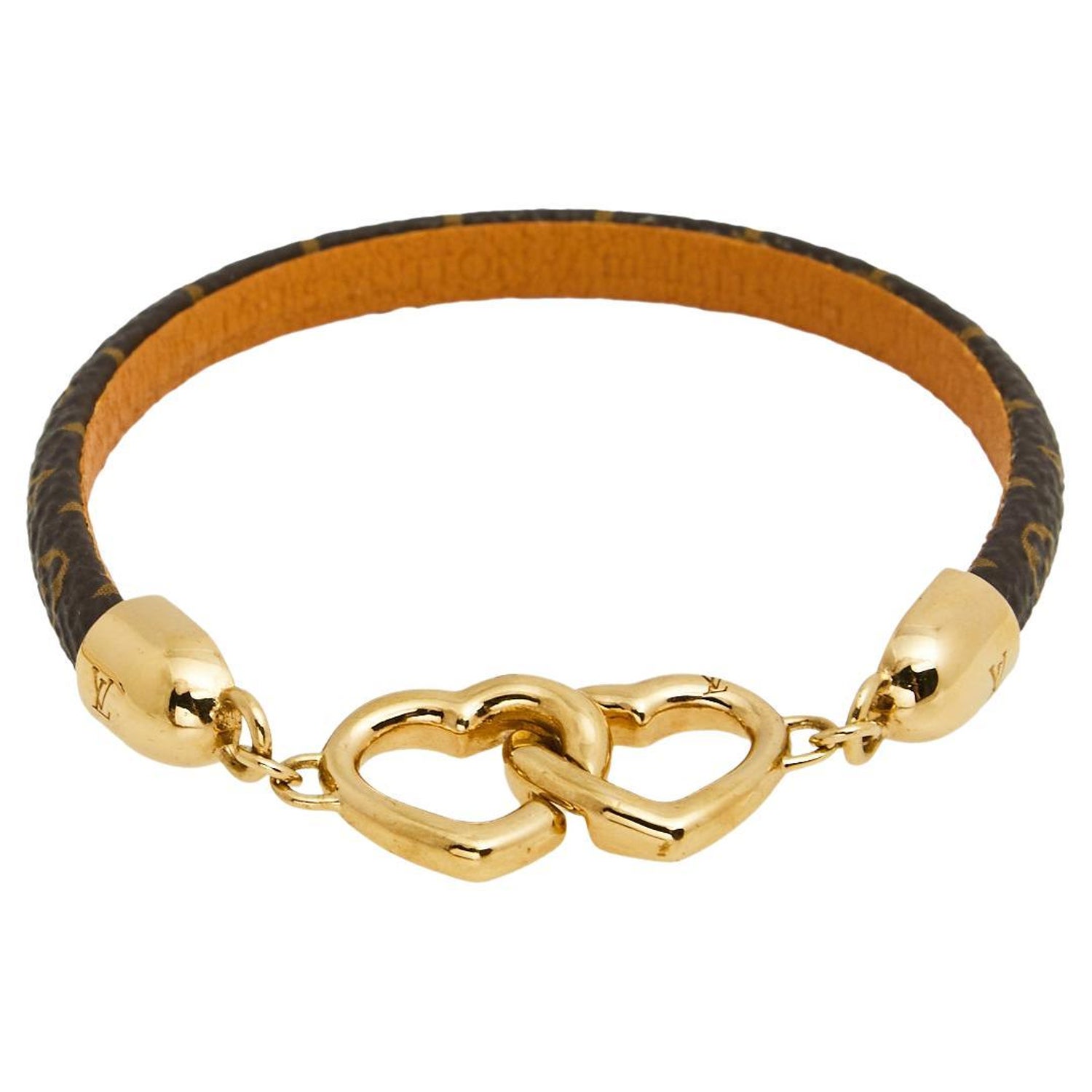 Authentic Louis Vuitton Brown Leather Heart Padlock Bracelet 17cm