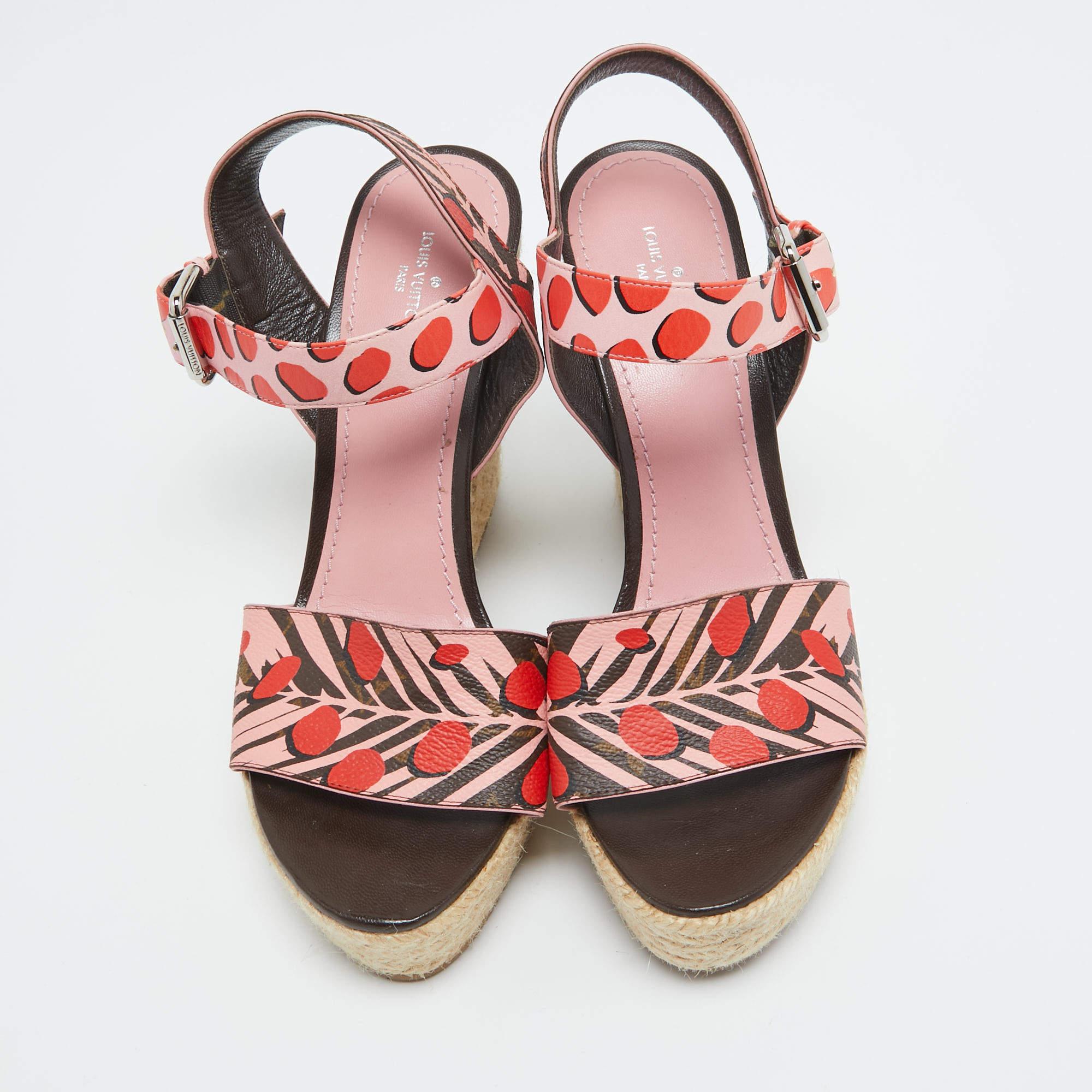 Louis Vuitton Monogram Canvas Sugar Pink Poppy Espadrille Wedge Sandals Size 37 For Sale 1