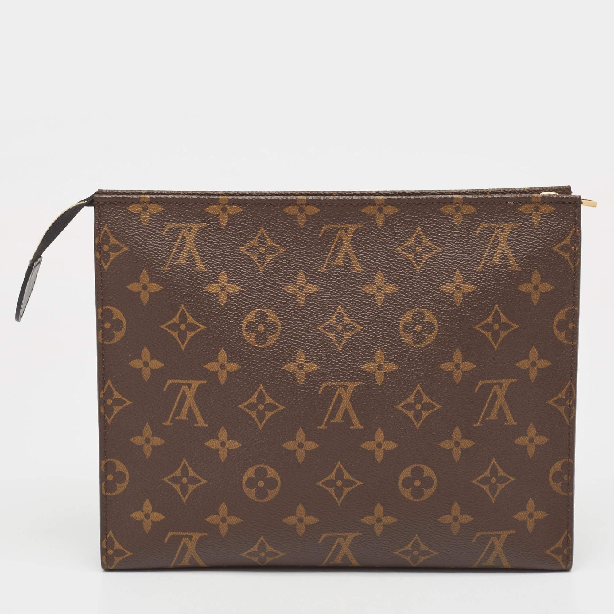 An essential wardrobe accessory, this Louis Vuitton pouch is a must-have. Made from the signature monogram canvas, it looks visually aesthetic and its interior will keep your stuff safely.

