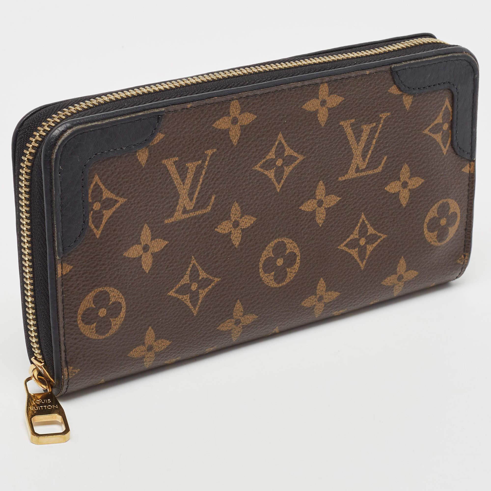 This Louis Vuitton Zippy wallet is conveniently designed for everyday use. Crafted from Monogram canvas and leather, the wallet has a wide zip closure that opens to reveal multiple slots, leather and canvas-lined compartments, and a zip pocket for