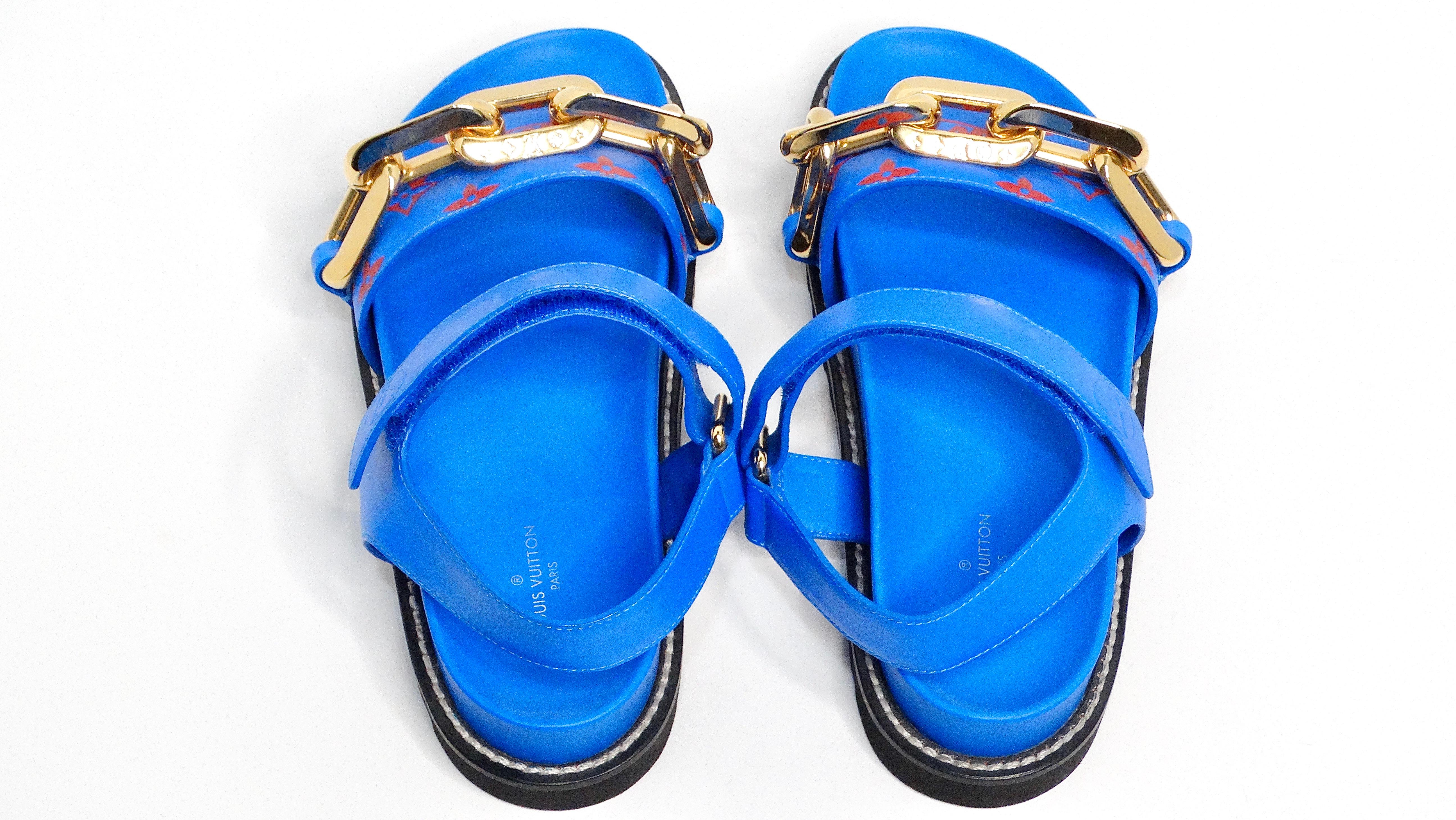 Louis Vuitton Monogram Chain Strap Blue & Red Leather Sandals For Sale 8