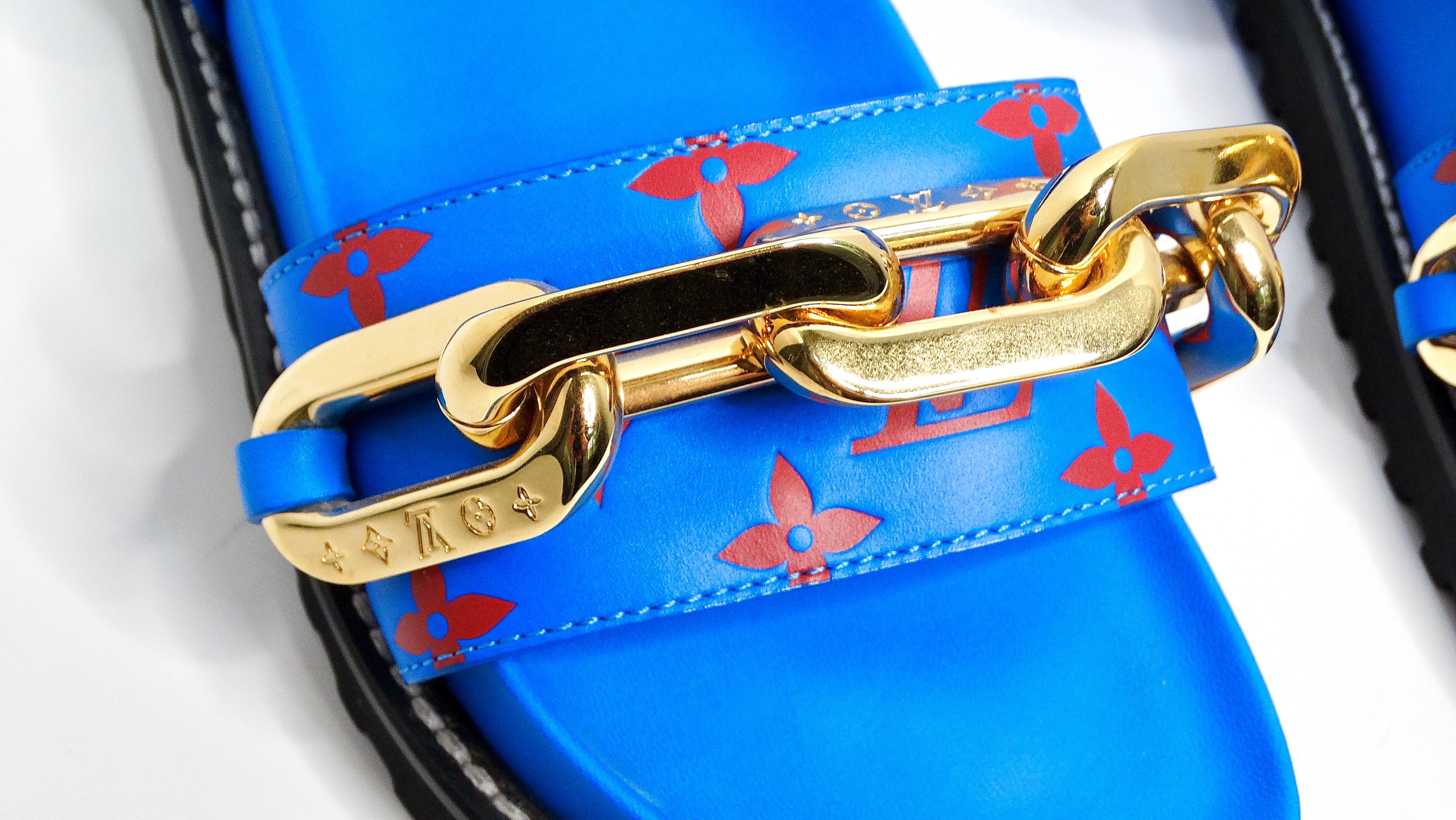 Louis Vuitton Monogram Chain Strap Blue & Red Leather Sandals In Excellent Condition For Sale In Scottsdale, AZ