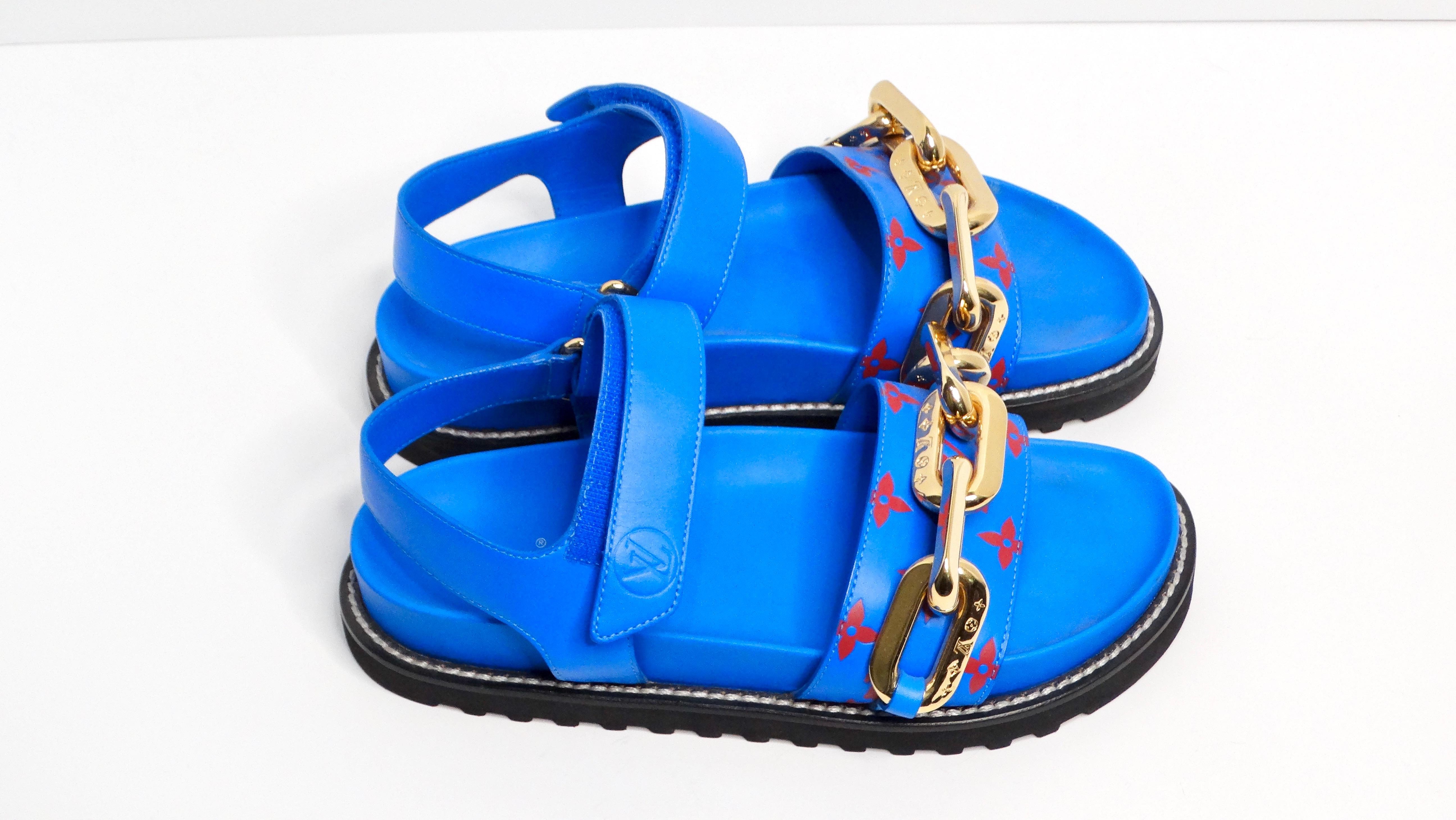 Women's Louis Vuitton Monogram Chain Strap Blue & Red Leather Sandals For Sale