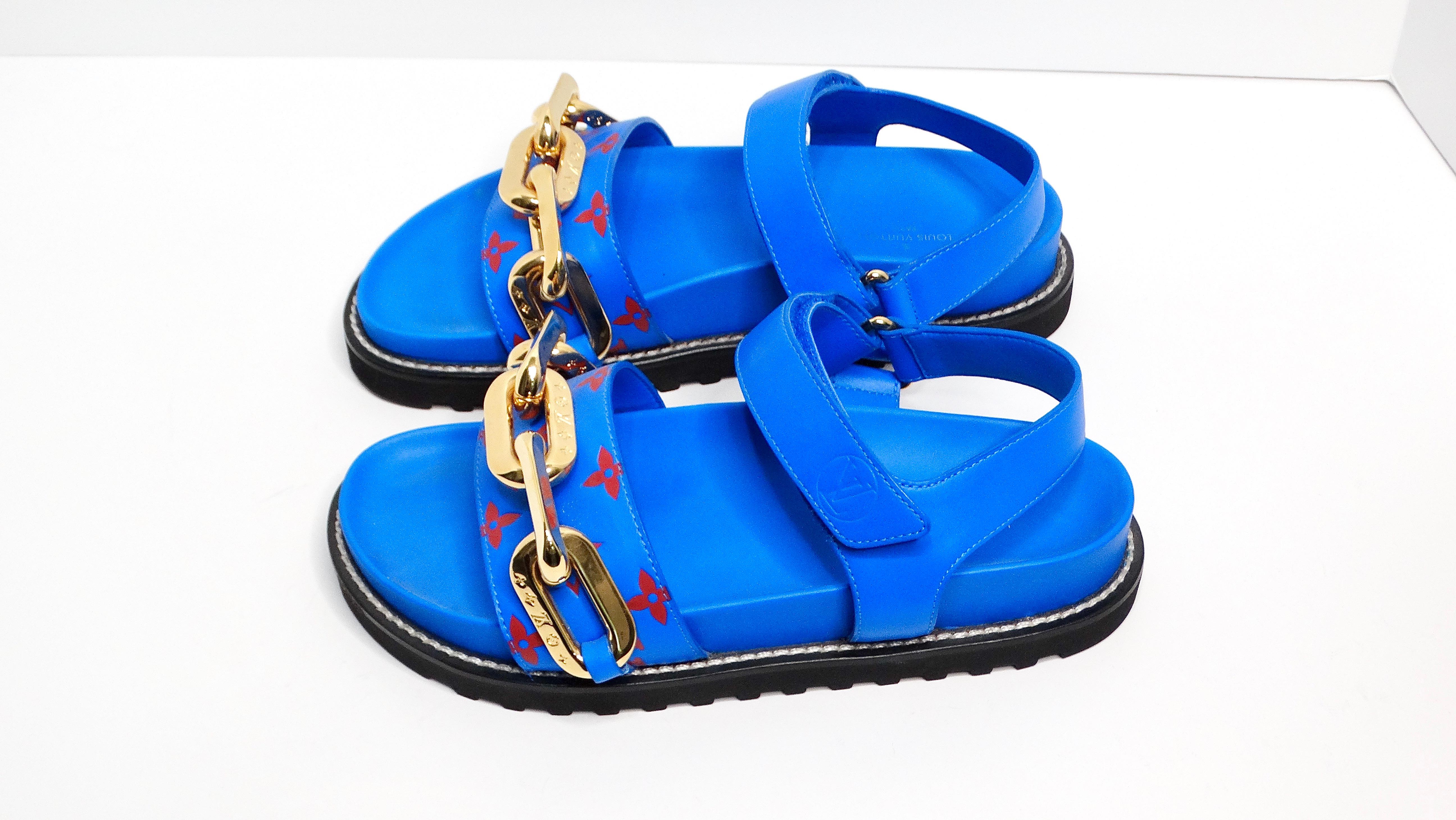 Louis Vuitton Monogram Chain Strap Blue & Red Leather Sandals For Sale 2