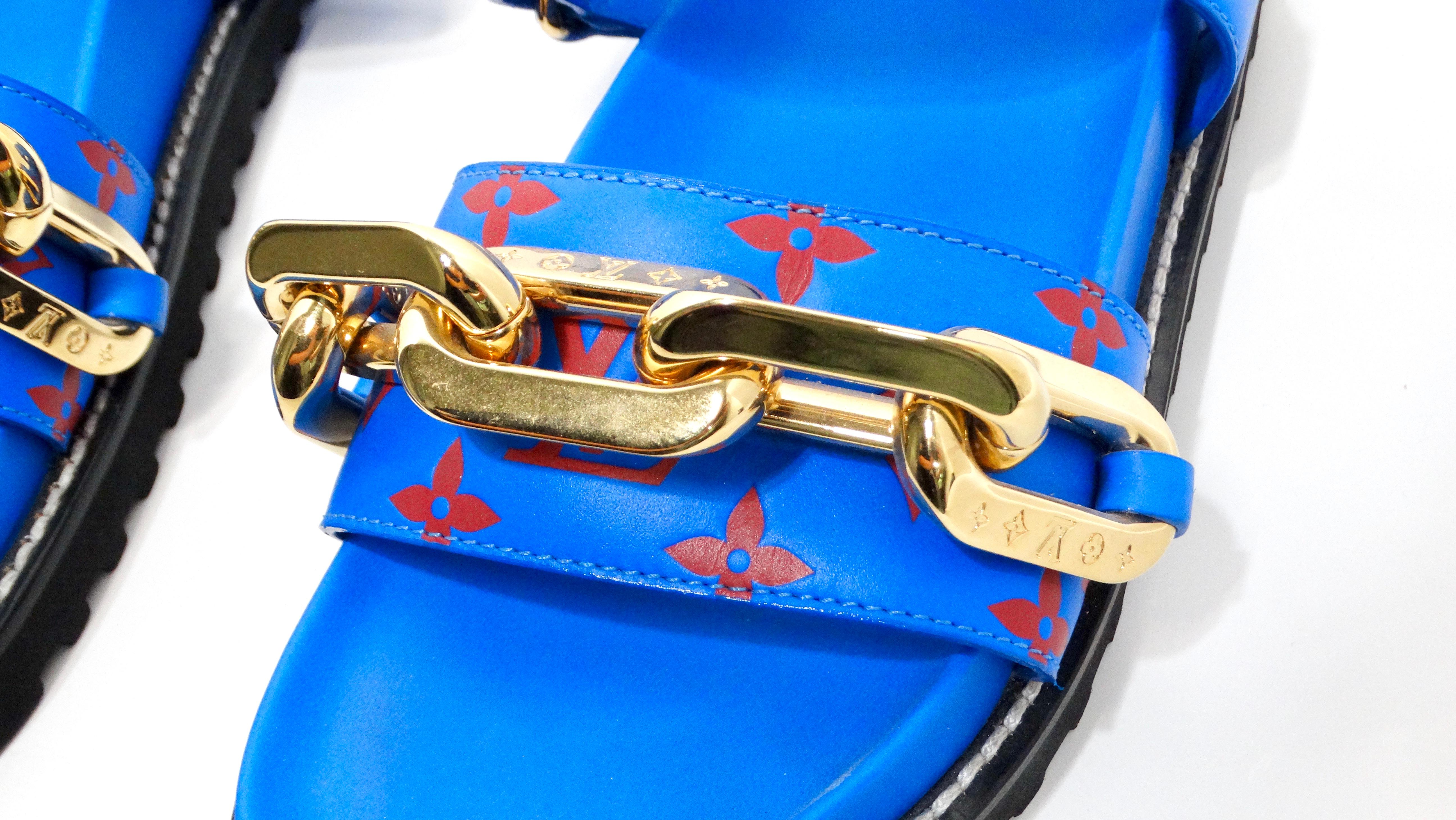 Louis Vuitton Monogram Chain Strap Blue & Red Leather Sandals For Sale 3