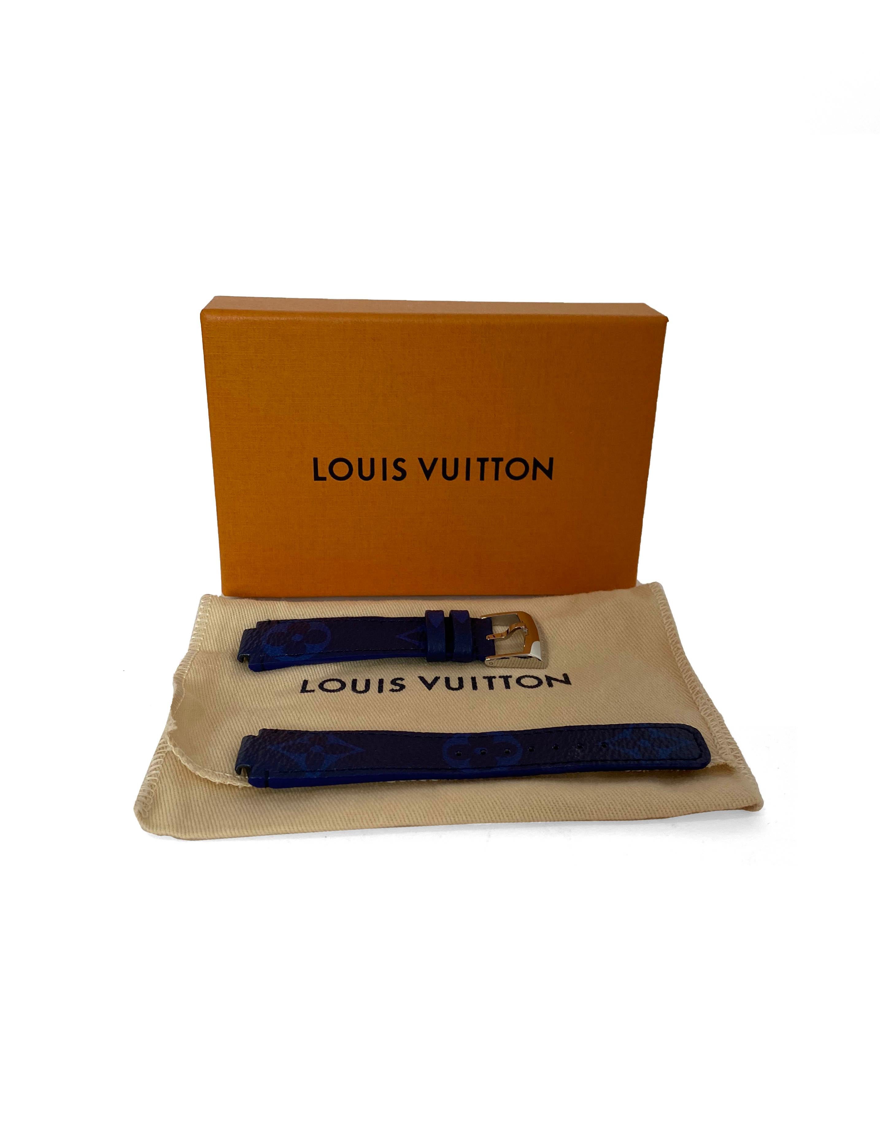 Louis Vuitton Monogram Cobalt Blue Watch Strap.  Watch strap for LV Tambour 39.

Made In: France
Color: Blue, black, silver
Materials: Coated canvas and leather
Model Name: Compatible with Tambour 39 watch
Retail Price: $405 plus tax
Overall