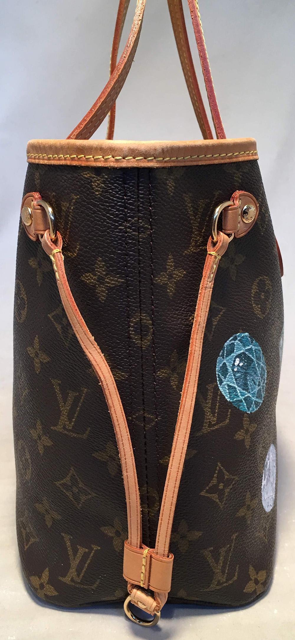 Louis Vuitton Monogram Customized Hand Painted Jewels Neverfull PM Shoulder Bag in excellent condition. Monogram canvas exterior trimmed with tan leather and brass hardware. Customized, hand painted multifaceted gemstone jewels on exterior painted