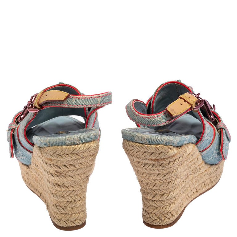 LOUIS VUITTON Monogram Denim Wedges Sandals size 38, Luxury