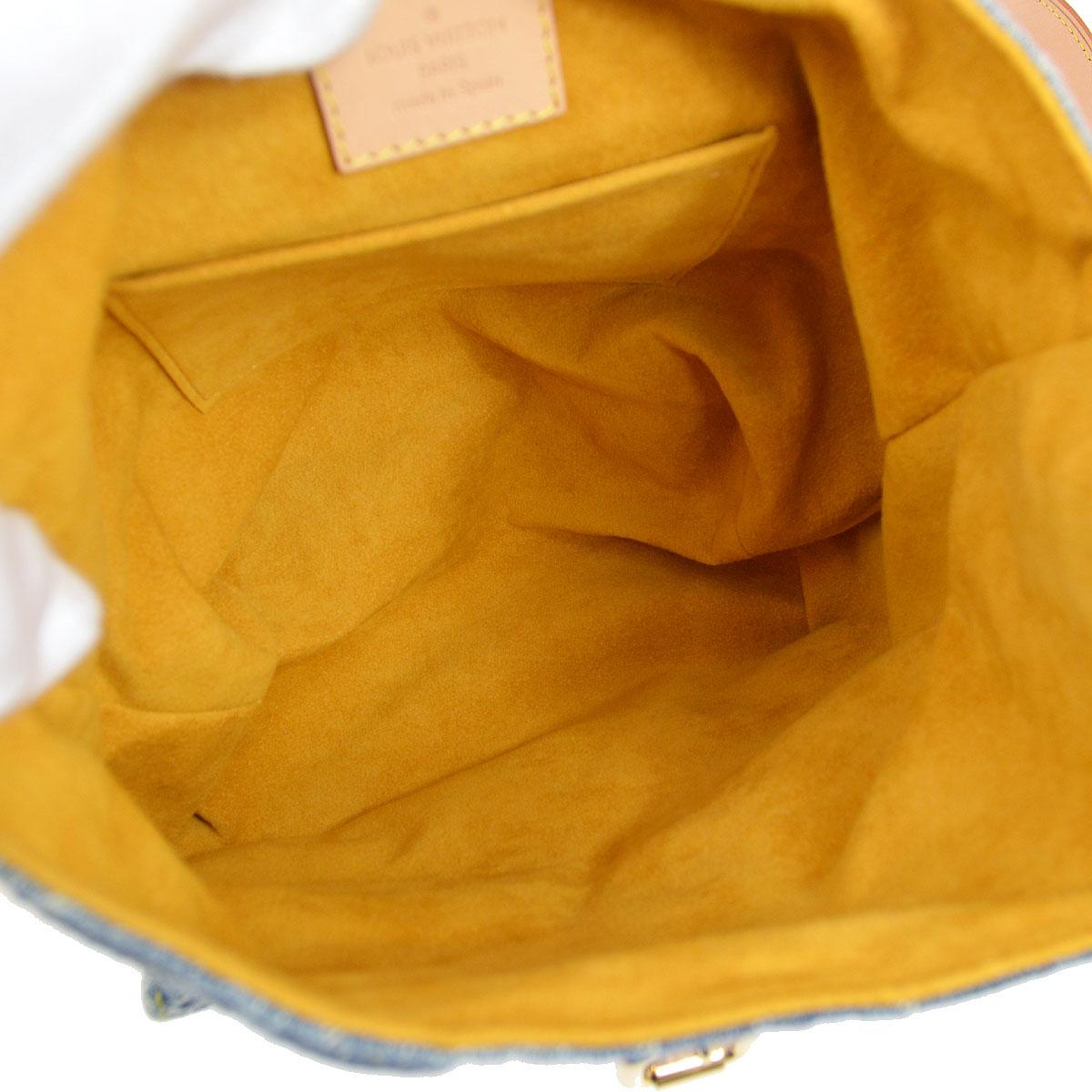 LOUIS VUITTON Monogram Denim Logo Gold Tan Leather Backpack Shoulder Bag For Sale 1