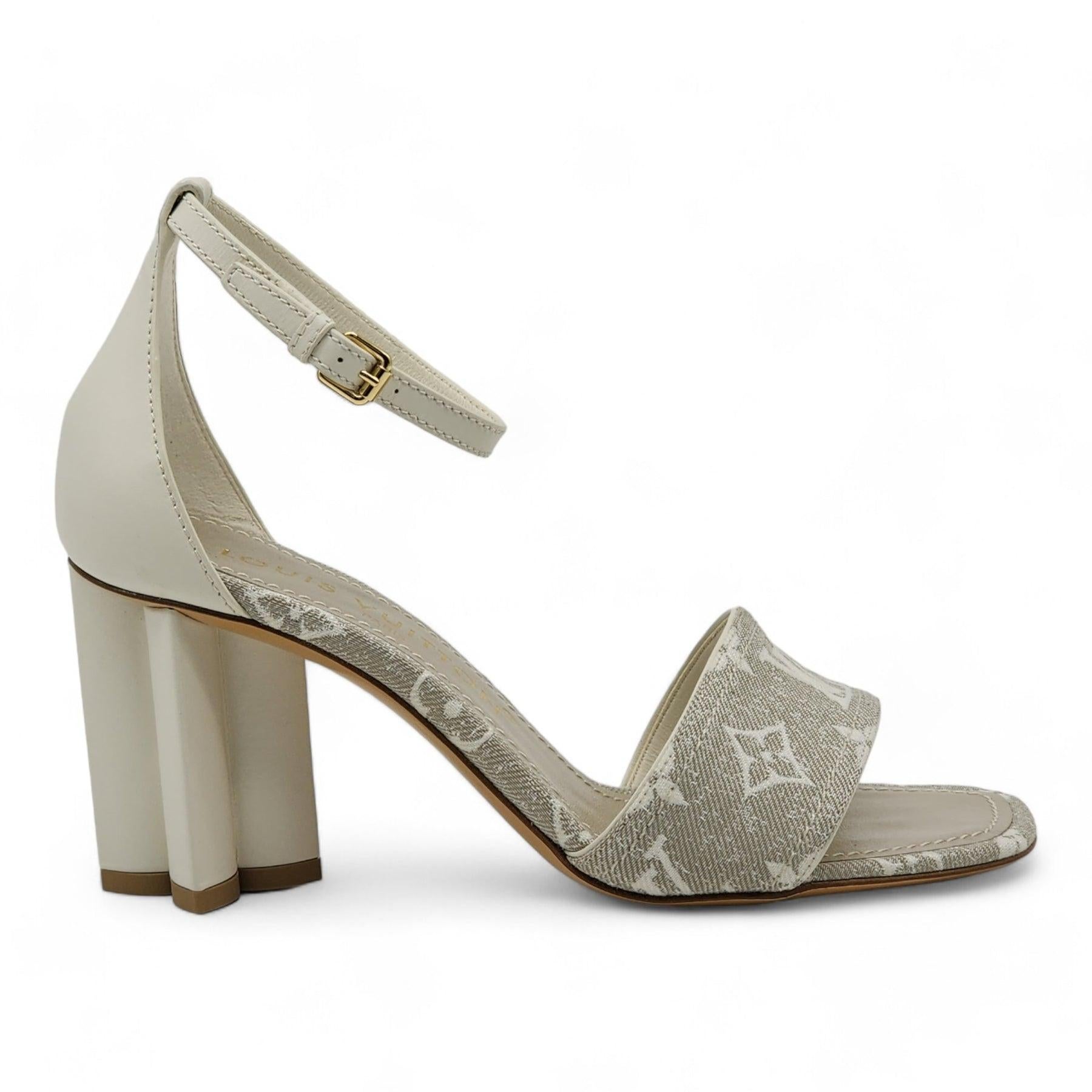 Brown Louis Vuitton Monogram Denim Silhouette Sandals in Ivory (36.5) For Sale