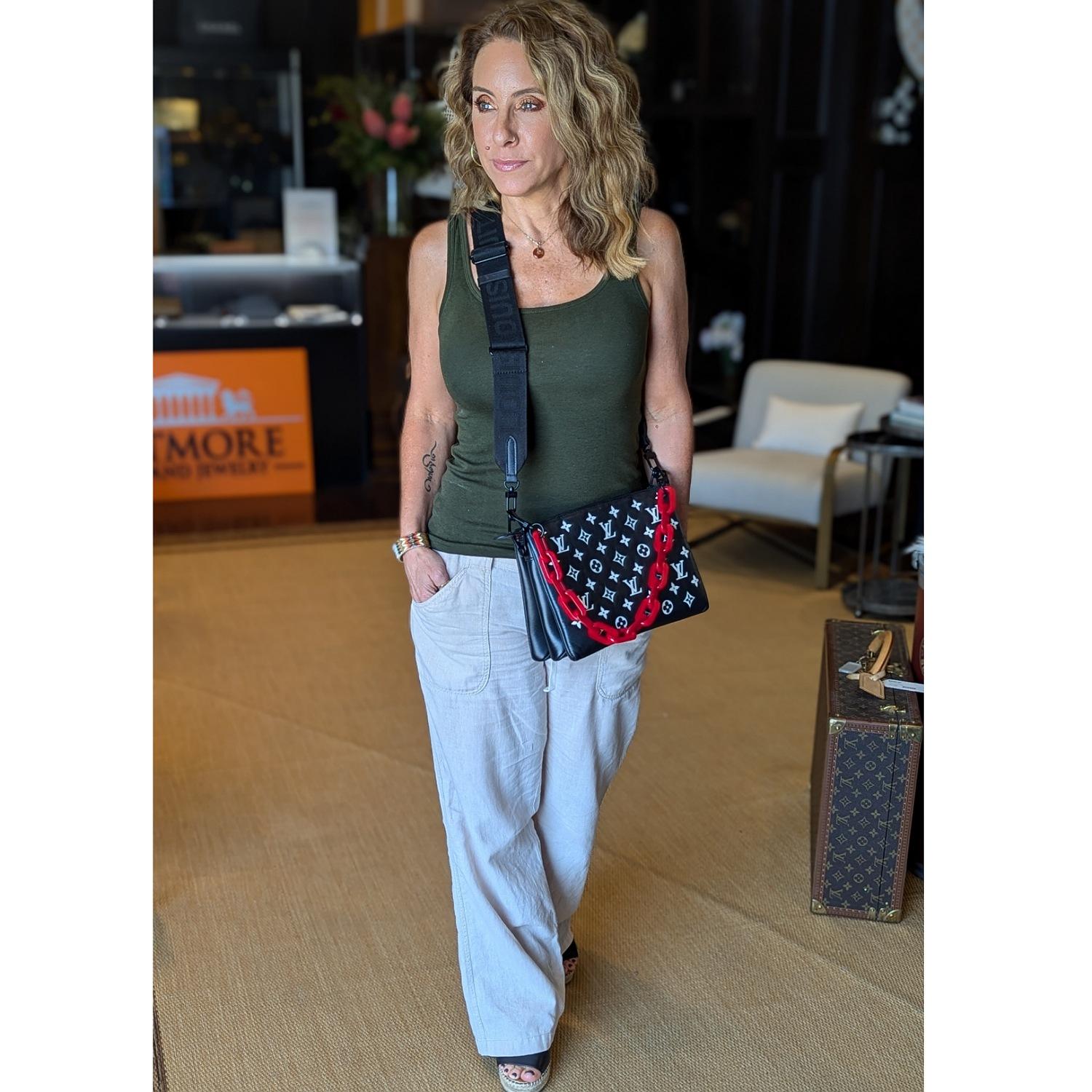 This incredibly lovely and newer creation from Louis Vuitton features a soft, puffy lambskin leather with classic monogram print. The Coussin bag was a smash hit for the Spring/Summer 2021 fashion show and the PM size makes a perfect companion for