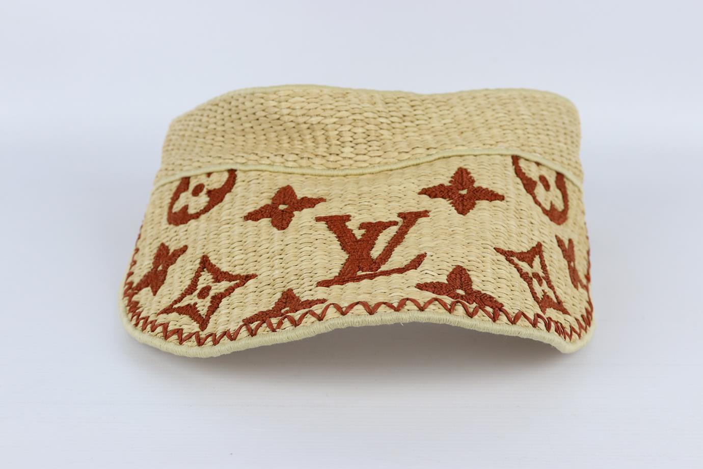 Louis Vuitton monogram embroidered raffia visor. Beige and tan. Pull on. 59% Viscose, 41% cotton, 12% polyammide. Does not come with dustbag or box. Size: Large. Circumference: 23.2 in. Brim Width: 5 in. Very good condition - Worn once. No sign of