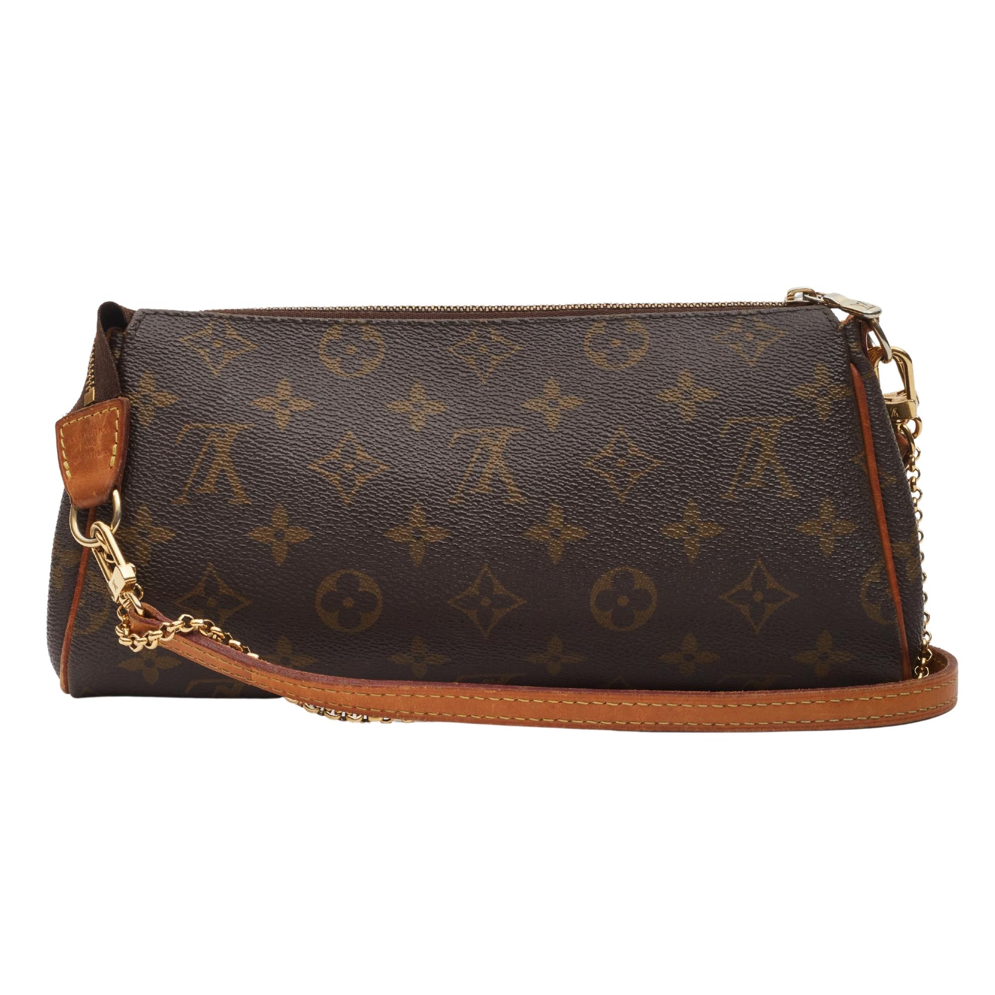 This versatile bag is made of coated canvas with classic Louis Vuitton monogram print and finished with natural leather details. This clutch features a polished brass chain strap, a vachetta leather shoulder strap, matching trim, and a Louis Vuitton