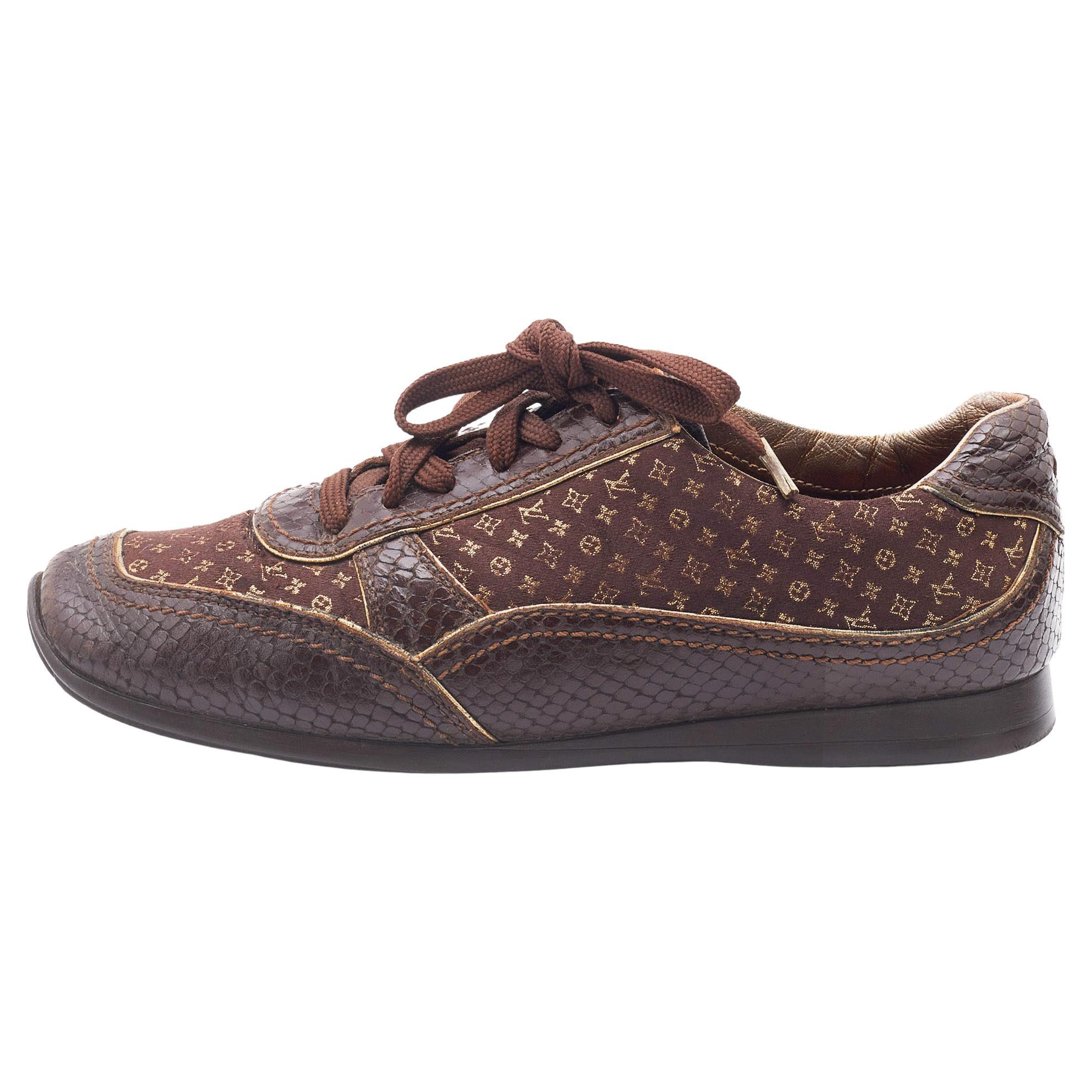 Louis Vuitton Monogram Fabric and  Embossed Leather Low Top Sneakers Size 37 For Sale