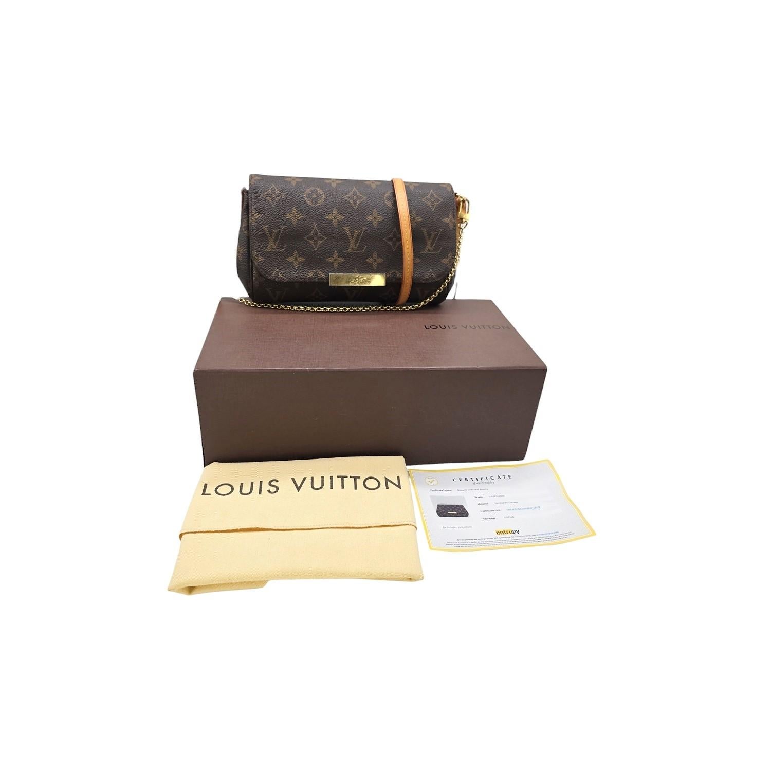 Elevate your style with the Louis Vuitton Monogram Favorite PM Crossbody Bag. Expertly crafted with durable Monogrammed coated canvas, this bag features natural vachetta leather trim and a brass signature name plate. Versatile and practical, it can