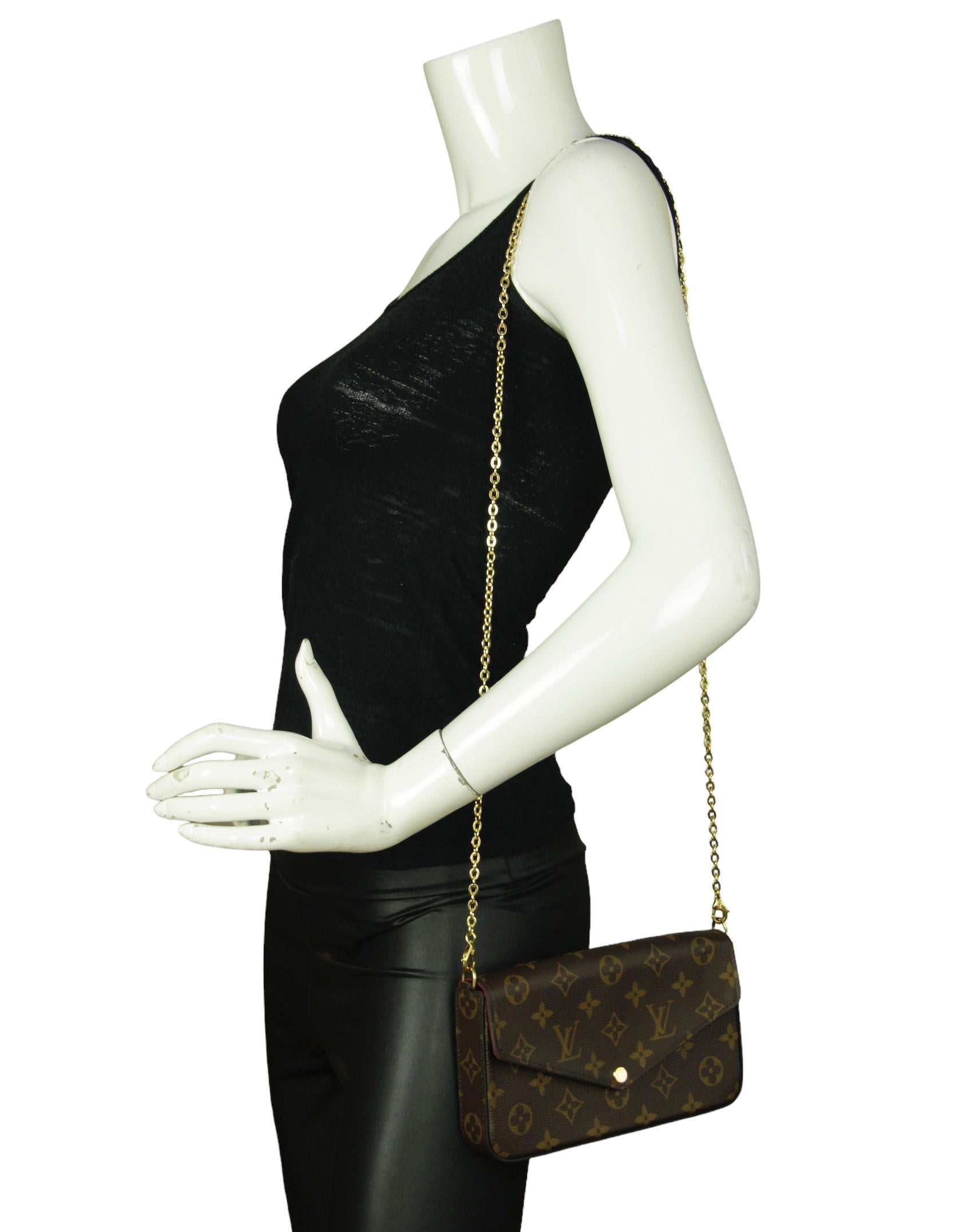 Louis Vuitton Monogram/ Fuchsia Felicie Chain Wallet Crossbody Bag

Color: Brown, fuchsia
Hardware: Goldtone
Materials: Coated canvas
Lining: Fuchsia fine textile
Closure/Opening: Flap top with press stud
Interior Pockets: Flat wall pocket,