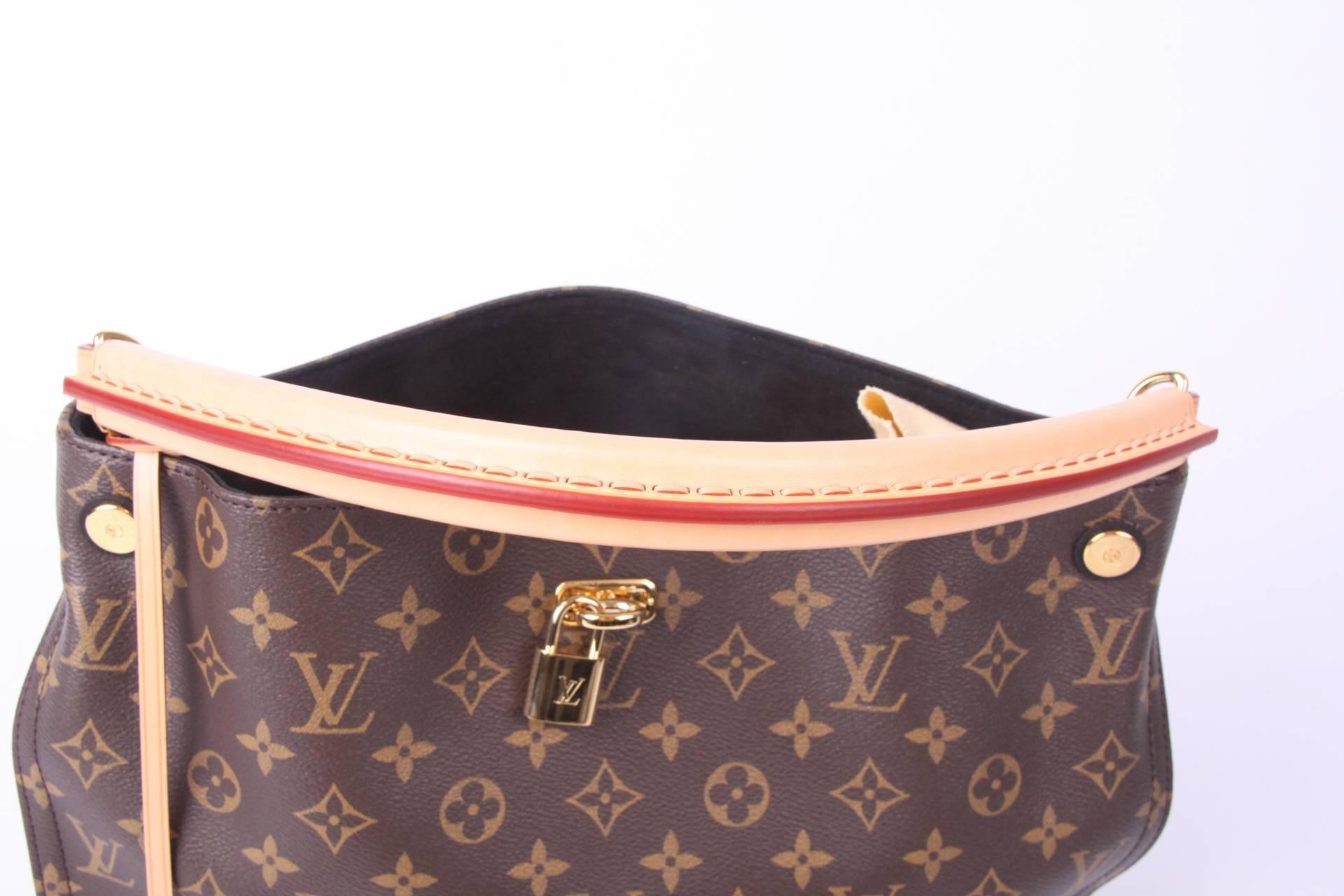 The Louis Vuitton Gaia Bag is a fantastic piece to add to your bag collection!

A rather large size, the front and back are made of dark brown canvas covered with the welknown LV monograms. The sides are crafted in black leather. Gold-tone