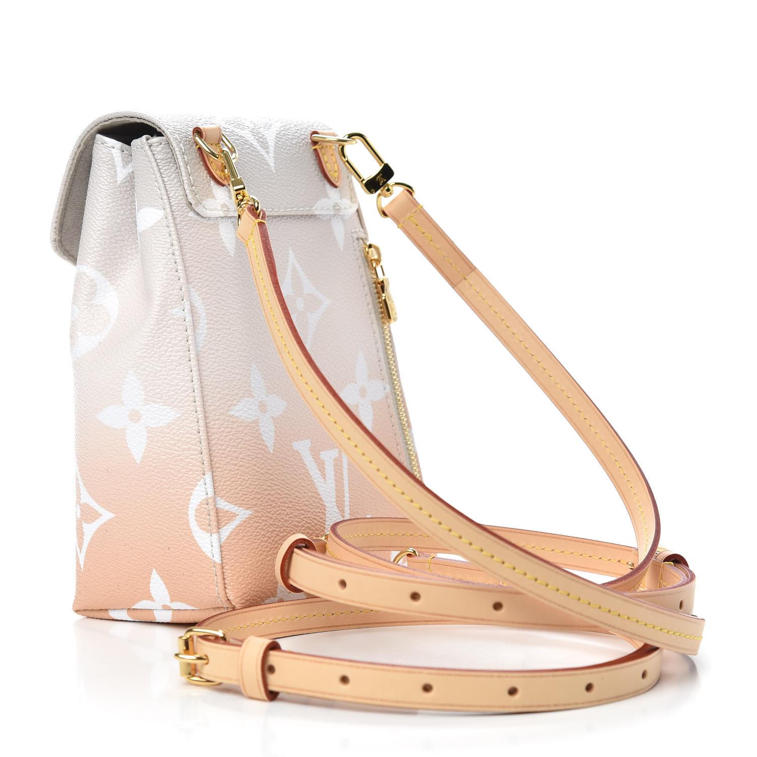 This petite backpack is made of monogram coated canvas in a stunning beige to pink gradient. The backpack features a vertical zipper pocket on the back, adjustable vachetta leather shoulder straps, and a magnetic vachetta belt on the flap that opens
