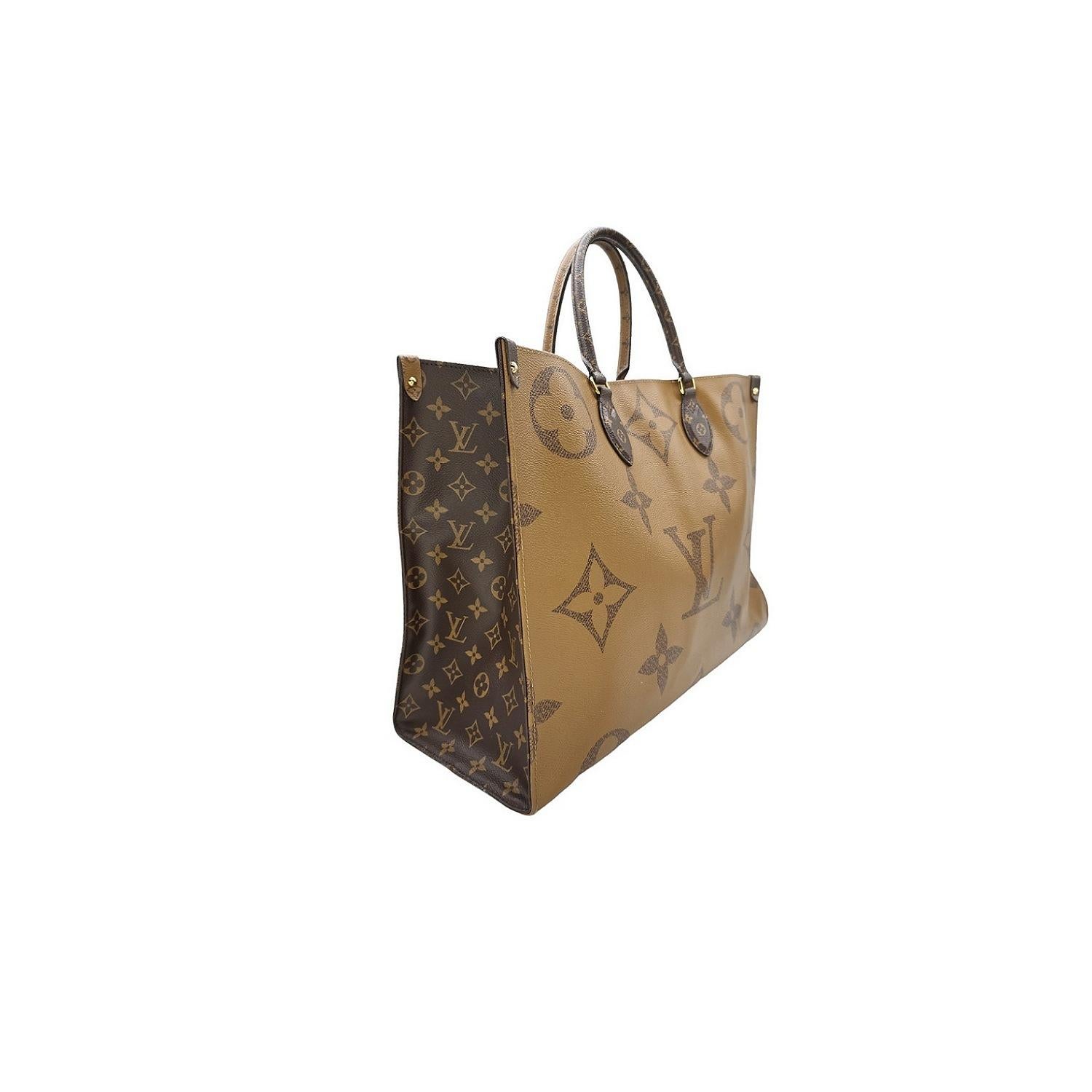 Expertly designed by Louis Vuitton, the Monogram Giant Reverse Canvas Onthego GM Tote offers both style and function. Crafted from durable Monogram and Monogram Reverse coated-canvas, this versatile bag features a spacious interior, iconic Toron top