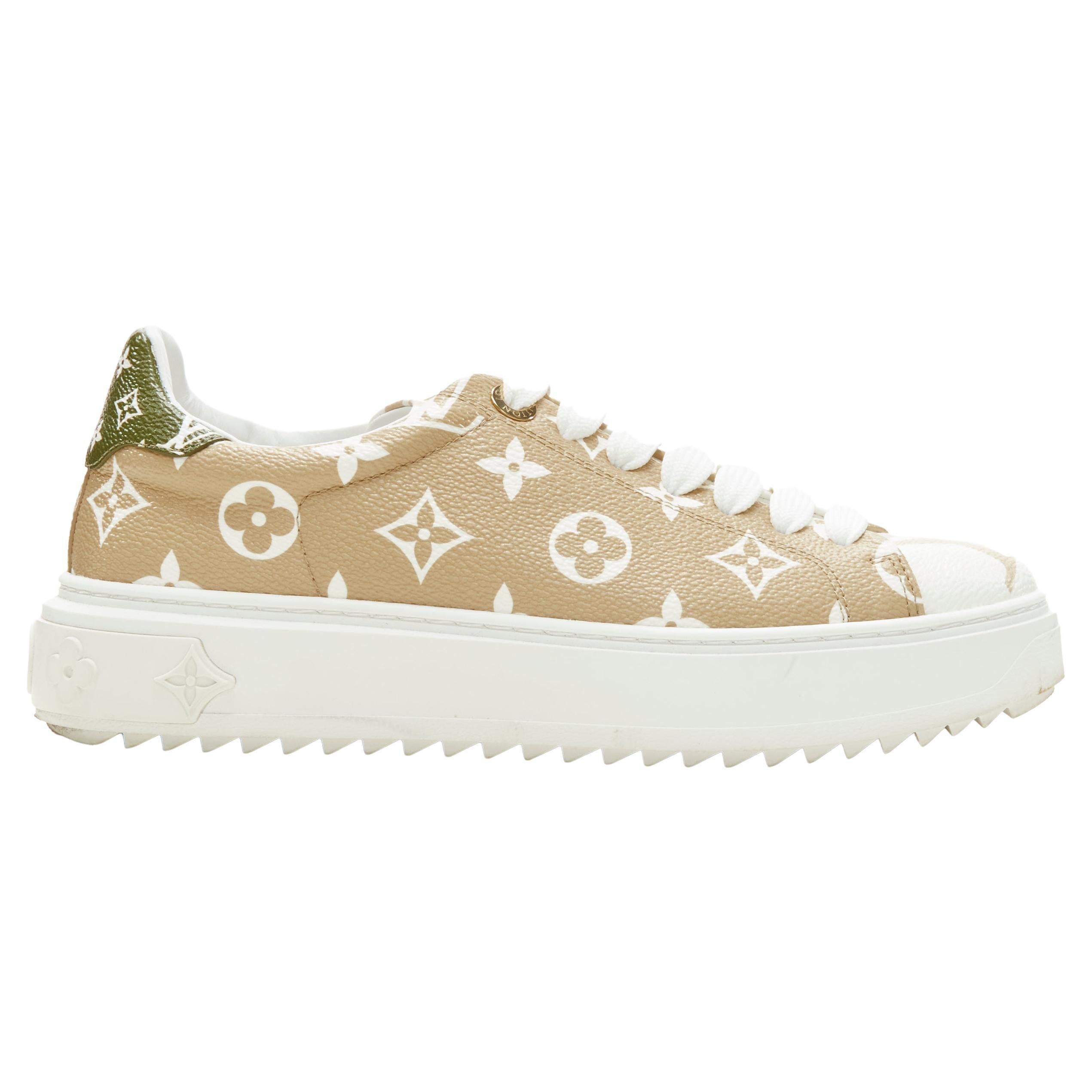 LOUIS VUITTON Front Row brown LV monogram gold stud white leather sneaker  EU36 For Sale at 1stDibs