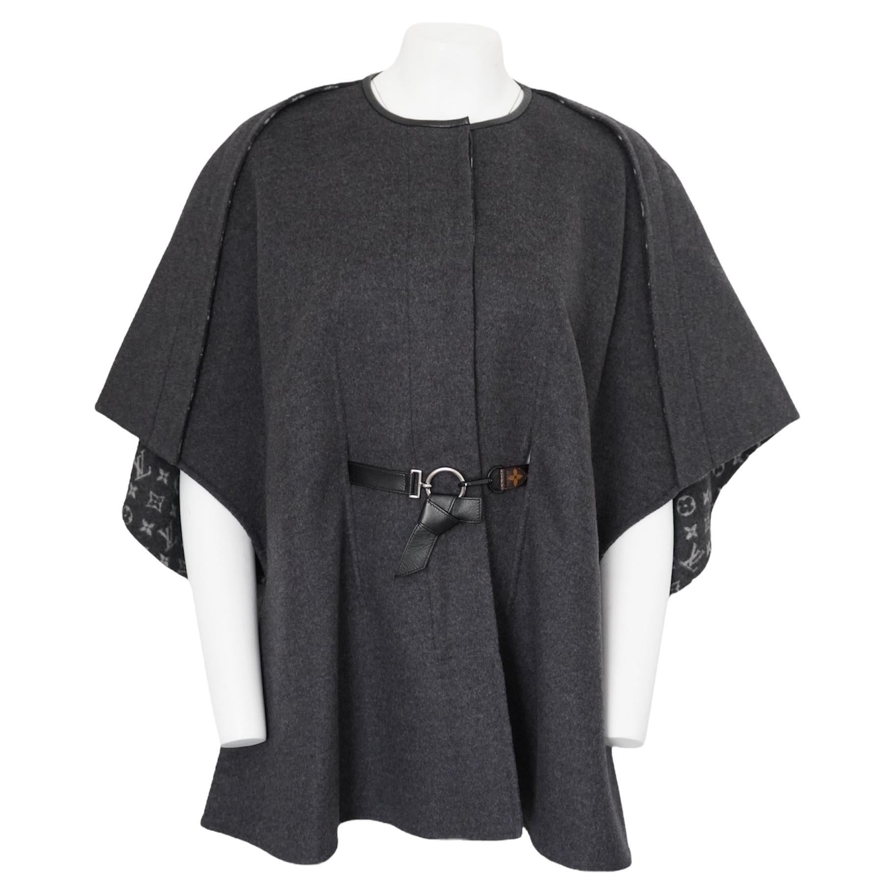 Louis Vuitton Monogram Grey Buttoned Wool Cape Coat For Sale