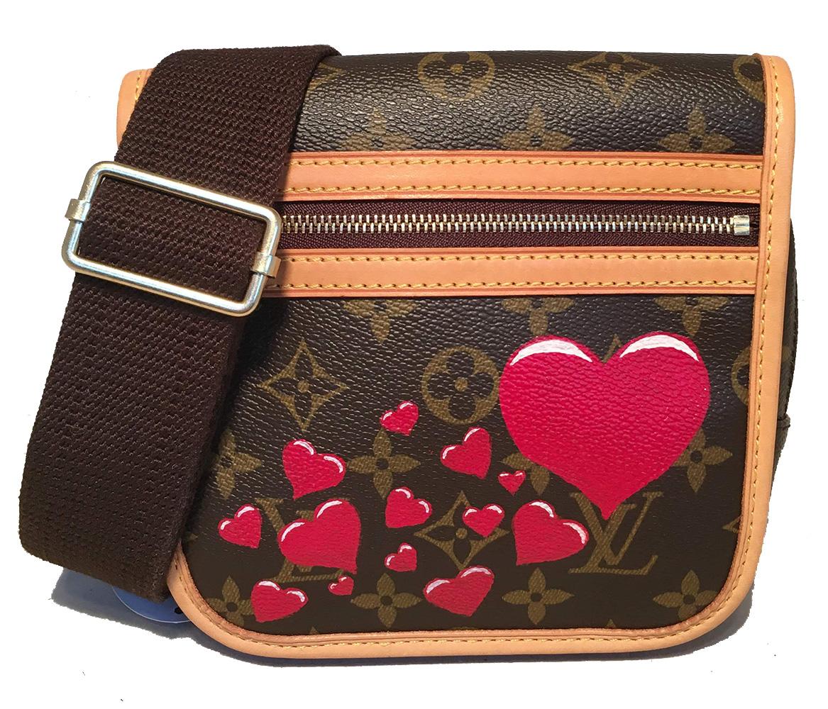 Louis Vuitton Monogram Customized Hand Painted Hearts Bosphore Bum Bag Fanny Pack Belt Bag in excellent condition. Monogram canvas exterior trimmed with tan leather and golden hardware. Customized hand painted red hearts along front top flap by our