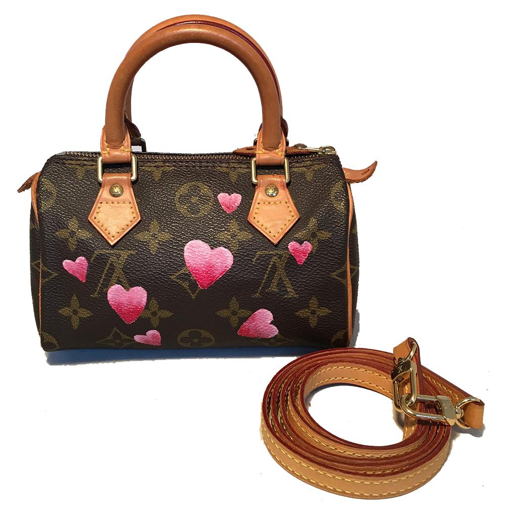 Louis Vuitton Monogram Customized Hand Painted Hearts Mini Nano Speedy with Strap in excellent condition. Signature monogram canvas exterior trimmed with tan leather handles, piping, and removable shoulder strap. Customized, hand painted pink