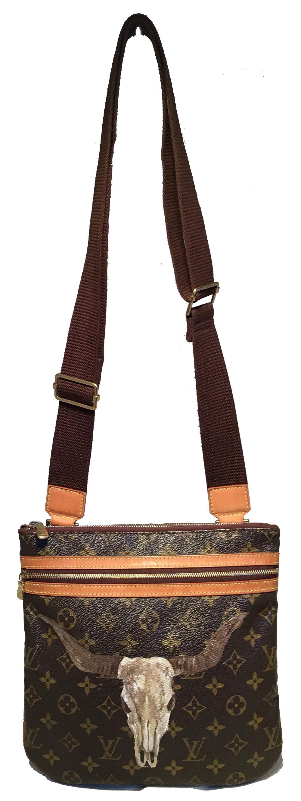 Louis Vuitton Monogram Customized Hand Painted Longhorn Bosphore Crossbody Shoulder Bag in excellent condition. Monogram canvas exterior trimmed with tan leather and brass hardware. Customized, hand painted longhorn cow scull along front side by our