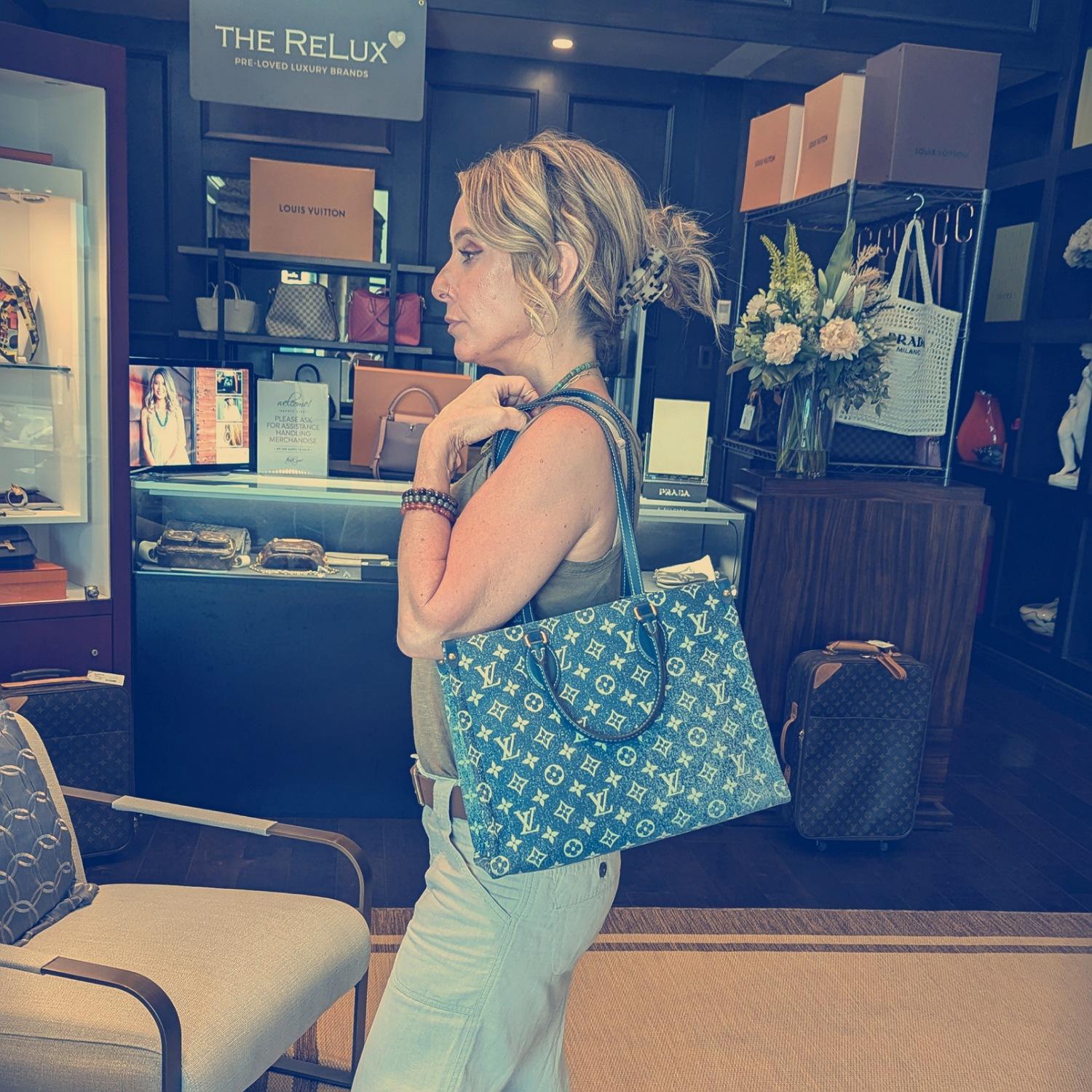 Gray Louis Vuitton Monogram Jacquard Bleu Denim Onthego MM Tote For Sale
