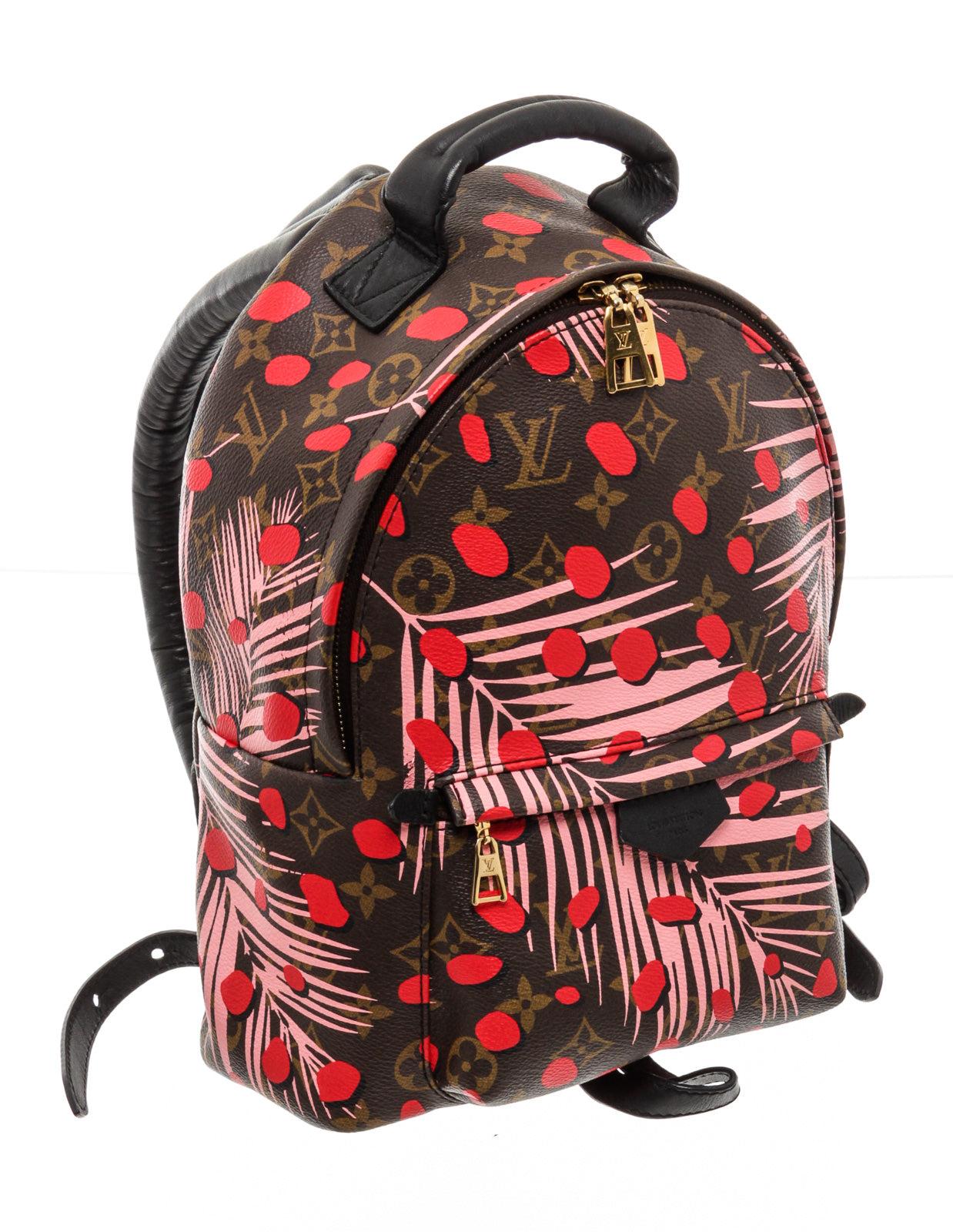 Louis Vuitton braun-rot-rosa Jungle Dots Monogramm Palm Springs PM Rucksack mit schwarzem Lederbesatz, goldfarbener Hardware, schwarzem Nylonfutter, Innenfach, Außenfach mit Reißverschluss, gepolsterten verstellbaren Schulterriemen und