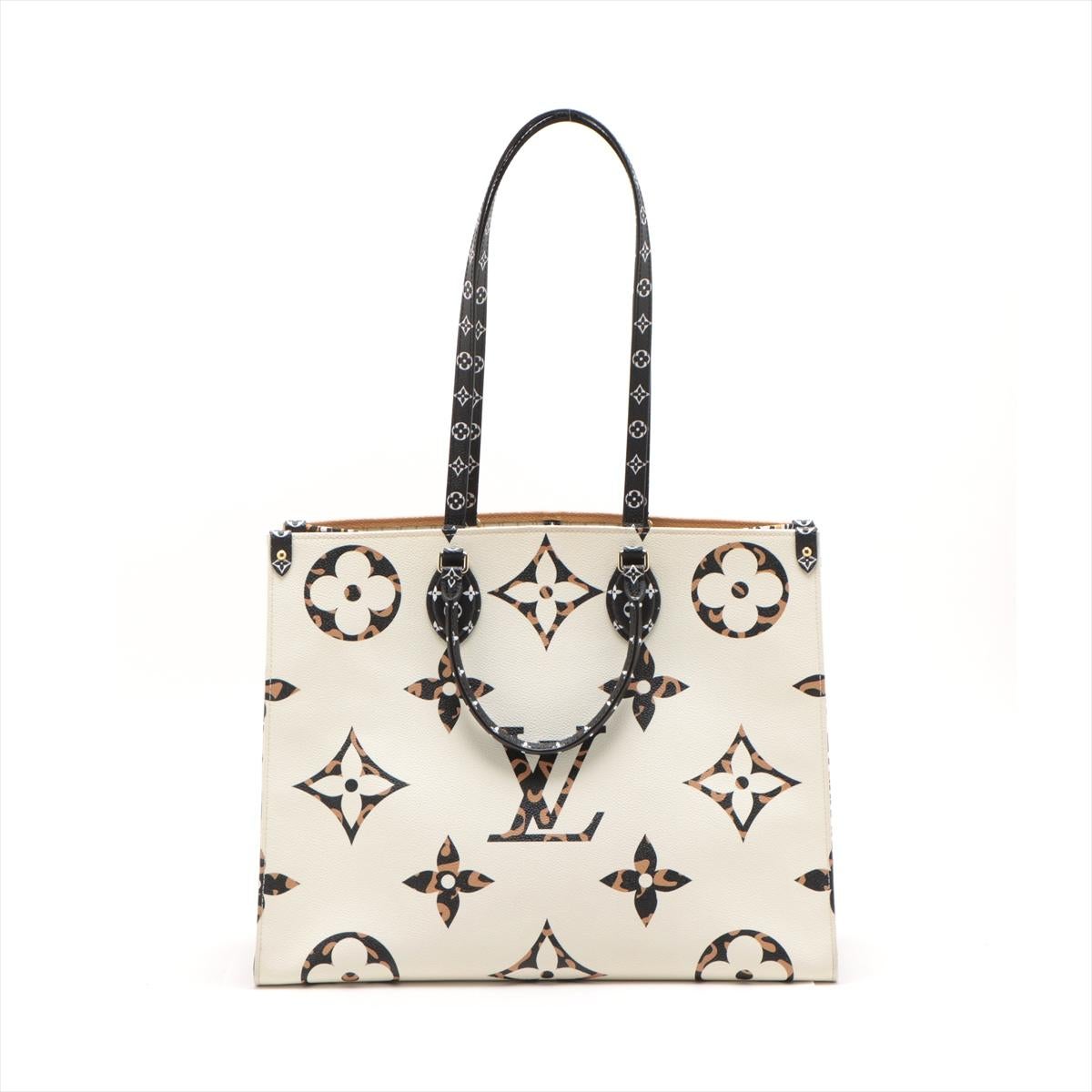 The Louis Vuitton Monogram Jungle OnTheGo GM Tote Bag in White and Brown is a striking limited-edition piece that combines the iconic Monogram Giant canvas with bold animal prints. The design features oversized Monogram motifs adorned with leopard