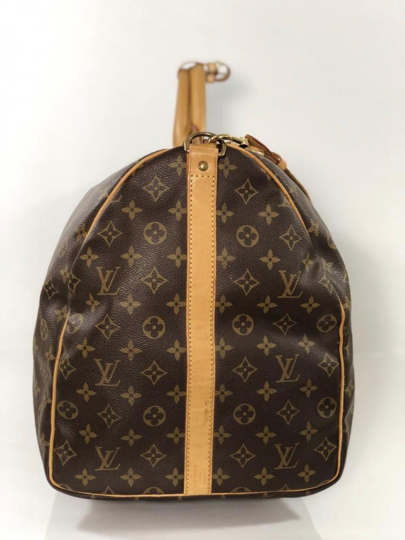Women's or Men's Louis Vuitton Monogram Keepall Bandoliere 60 Top Handle Travel Bag For Sale