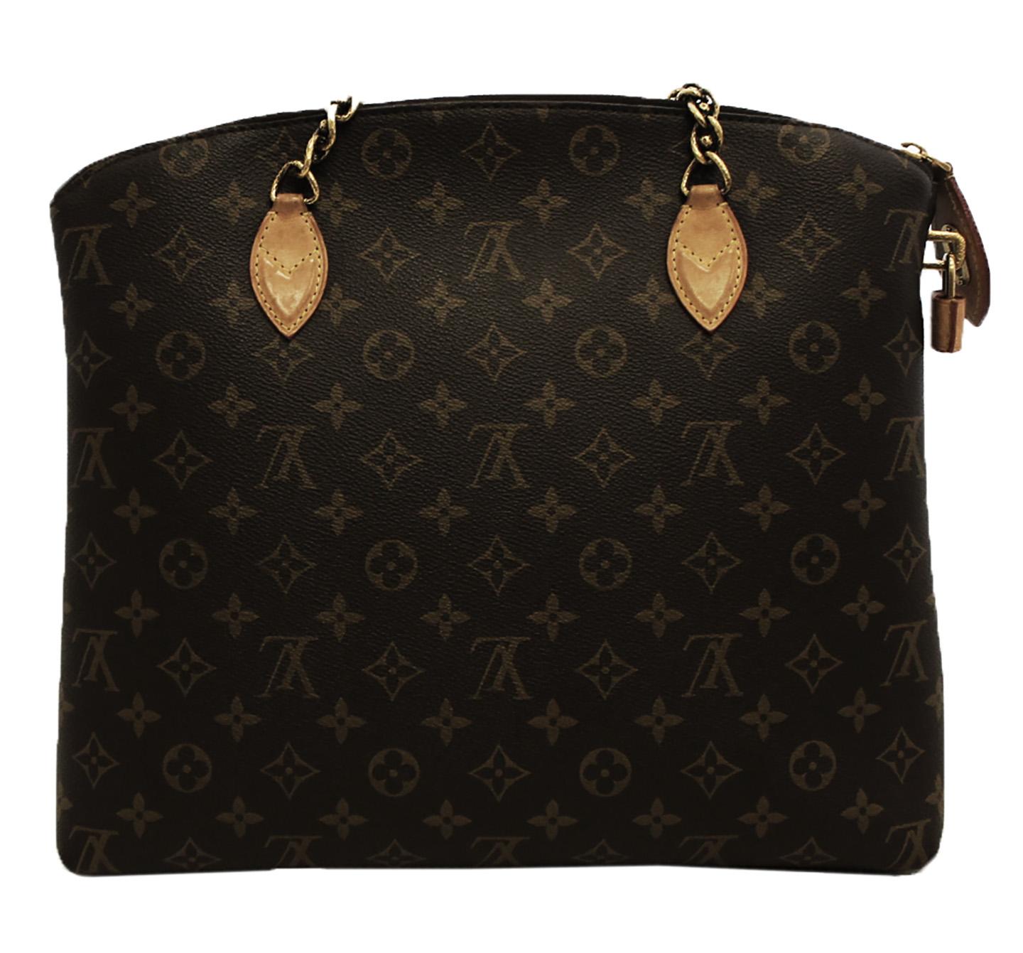 Louis Vuitton brown and tan monogram Lockit bag from the fall 2013/ winter 2014, includes two antiqued chain handles with a middle leather section for added comfort.   The handbag features a zipper over the wide arching top that seals with a lock