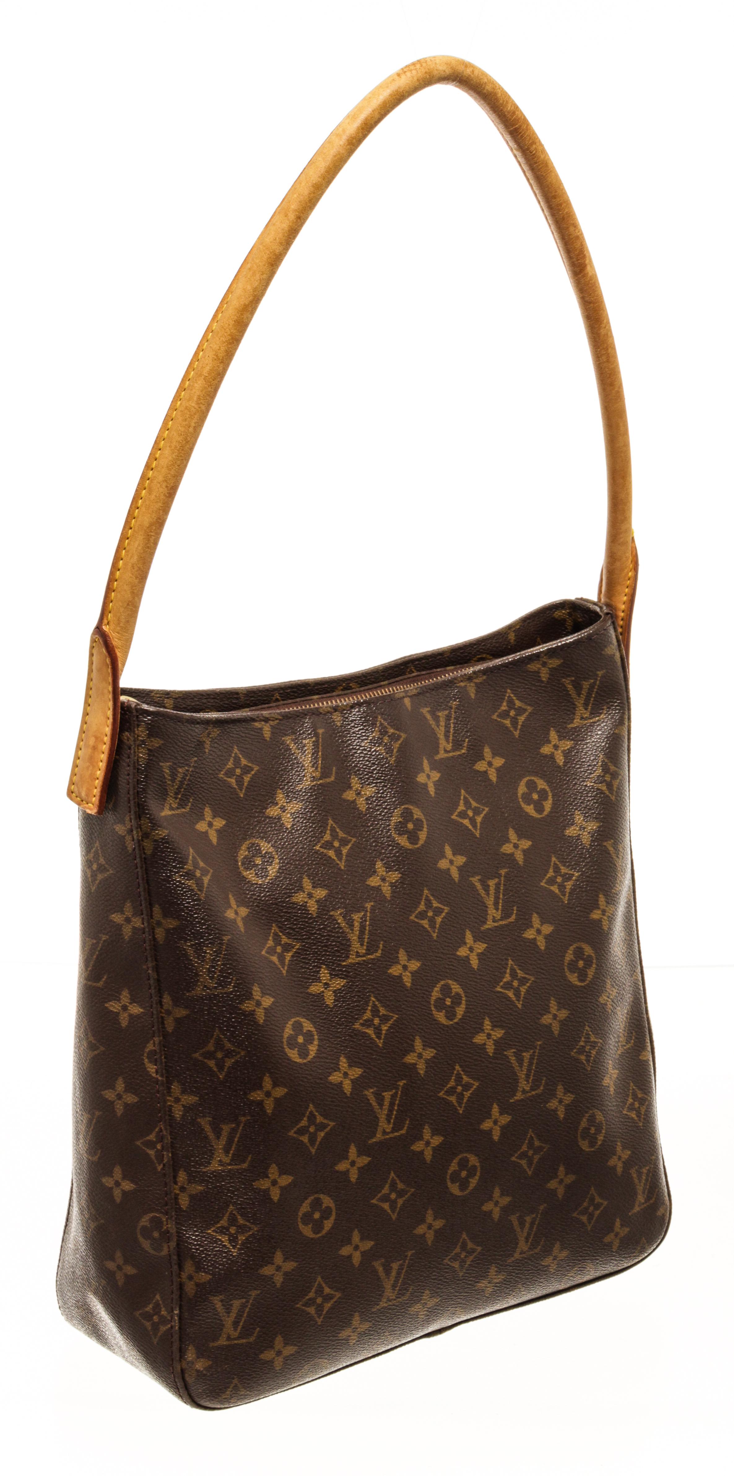 Louis Vuitton Monogram Looping GM handbag with brown coated canvas exterior, beige suede lining, contrasting vachetta leather top handle, gold-tone hardware, zipper closure, and one main compartment with one zip pocket.

81966MSC