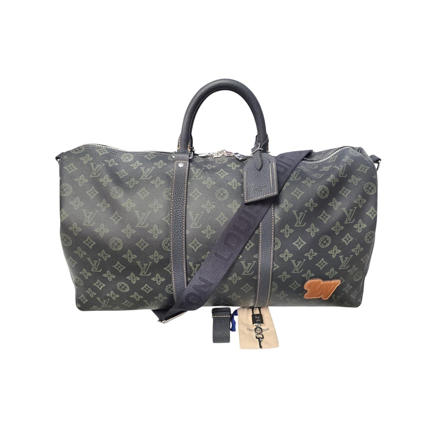 Indulge in luxury with the Louis Vuitton Monogram Bandouliere Keepall 50. Made with the exclusive Dark Green Monogram Canvas and trimmed with black leather, this spacious bag features a canvas shoulder strap that can be adjusted or removed, a double