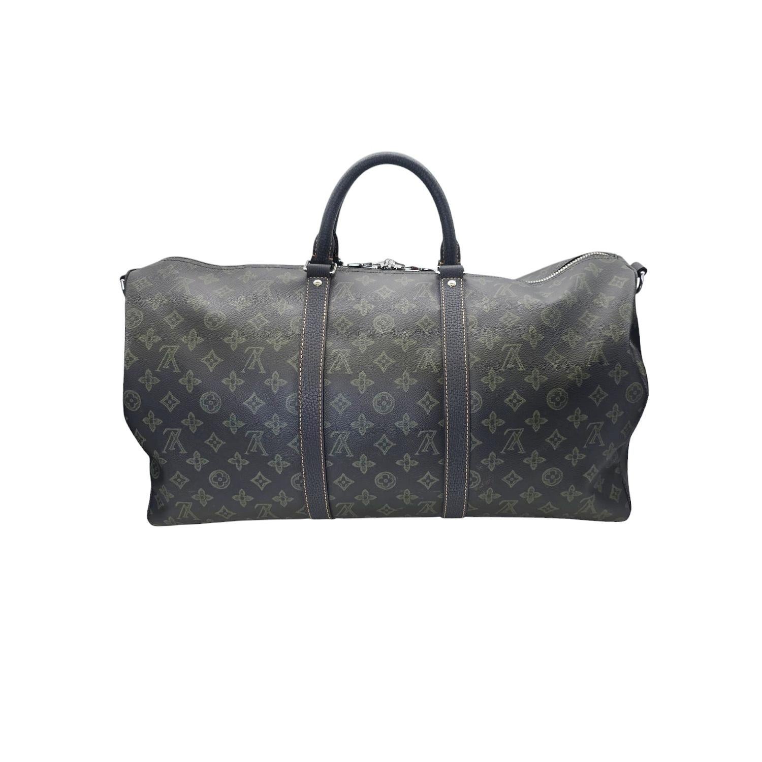 Gray Louis Vuitton Monogram LV Record Keepall Bandouliere 50 Dark Green For Sale