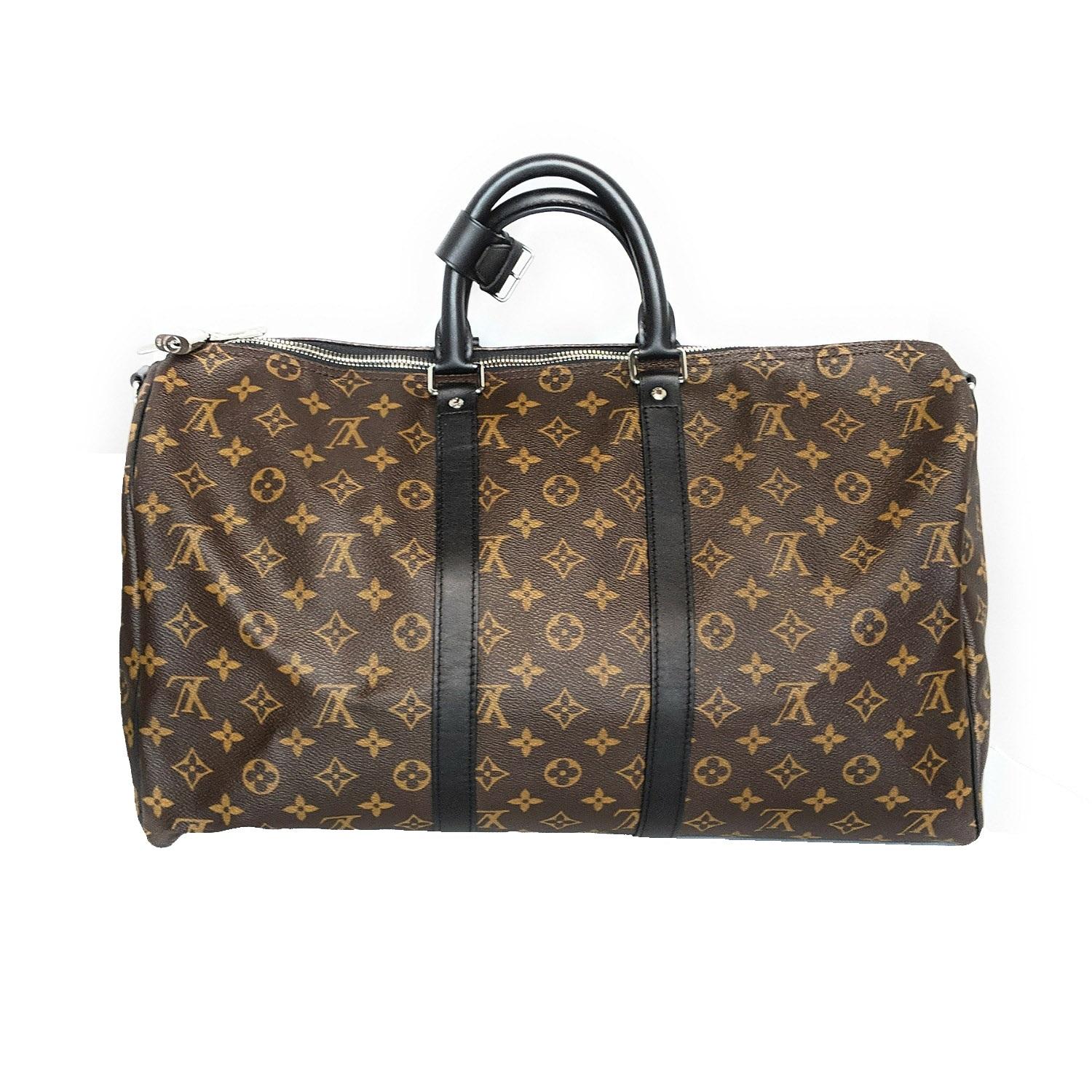 Men’s brown and tan monogram coated canvas Louis Vuitton Keepall Bandoulière 45 with silver-tone hardware, dual rolled top handles, detachable flat shoulder strap featuring buckle adjustment, black Macassar leather trim, plum canvas interior and