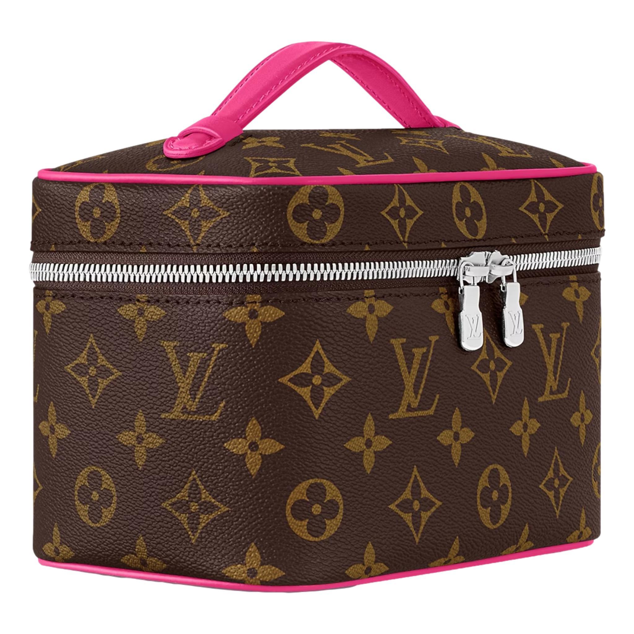 Louis Vuitton Monogram Macassar Nice Mini Vanity Case

Brown makeup bag made from signature Monogram Macassar coated canvas with bright pink piping along the top and a matching leather handle.

Featuring double-zip closure with silver 'LV' logo