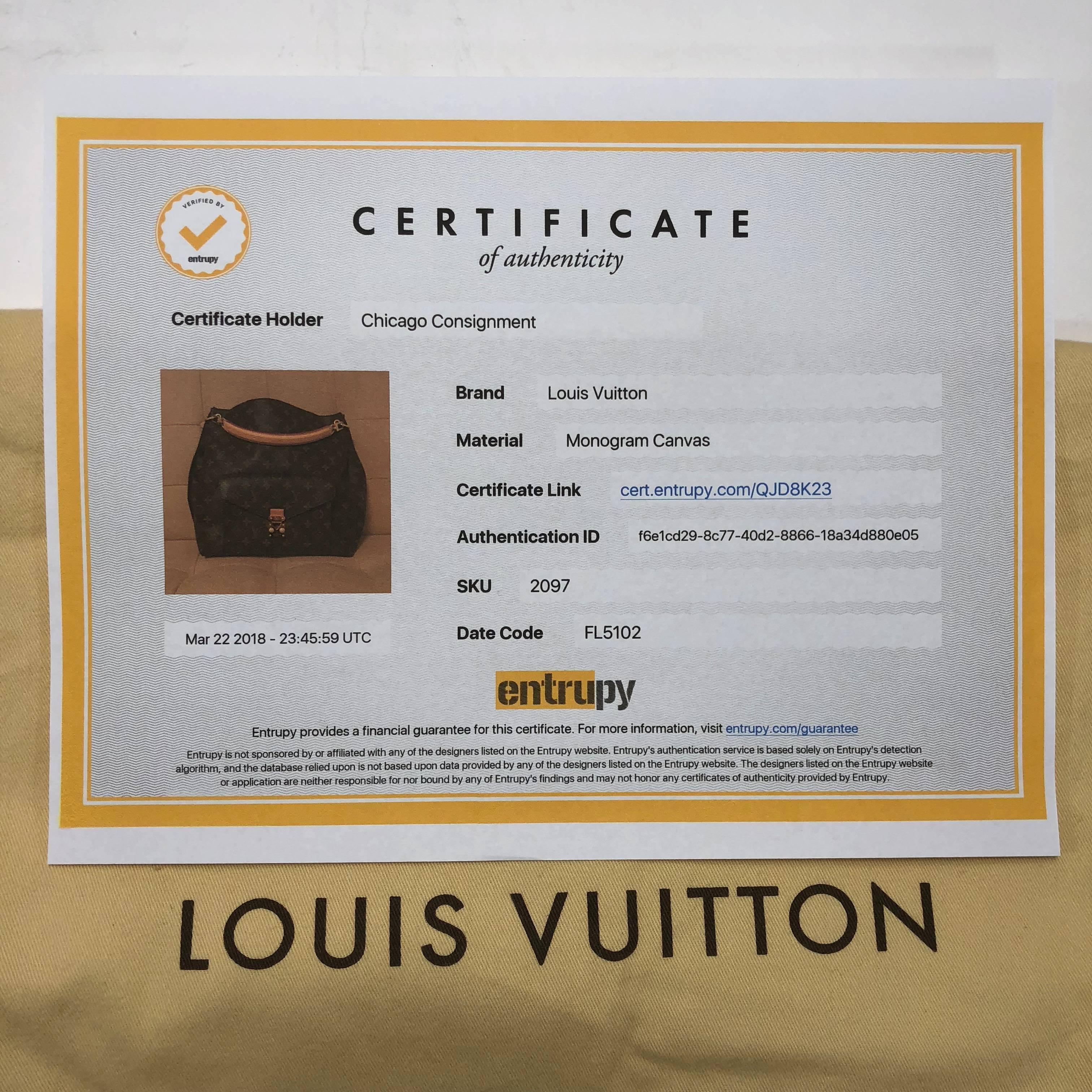 MODEL - Louis Vuitton Monogram Metis Two Way

CONDITION - Looks almost NEW!  Light vachetta with no watermarks, light smudging on pocket tab, no dryness and no cracking.  Bright and shiny hardware with no tarnishing or chipping.  No rips, holes,