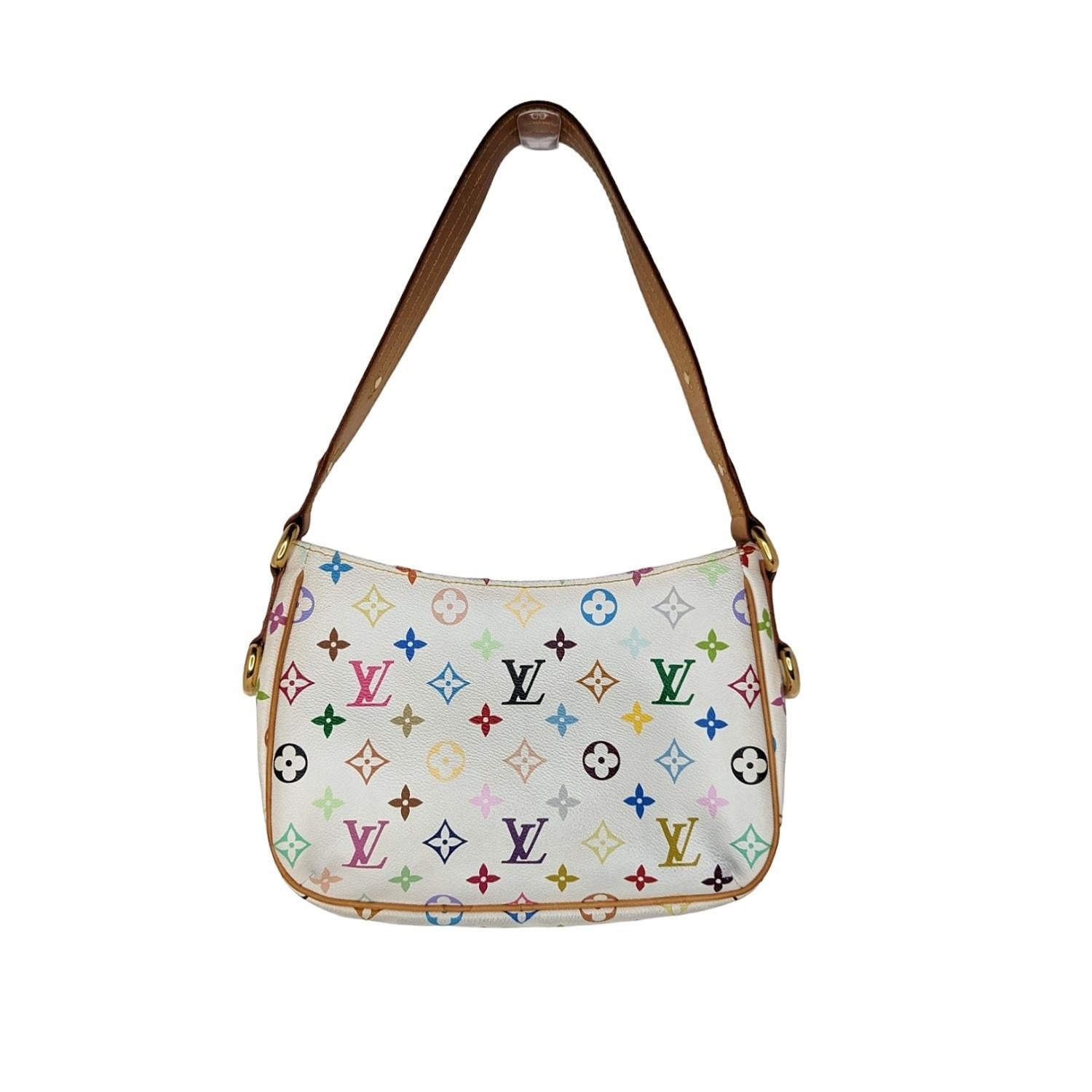 This feminine shoulder bag is crafted of Louis Vuitton monogram multicolore in 33 vibrant colors on white toile canvas. The shoulder bag features a vachetta leather shoulder strap, trim, and belts, two exterior flap pockets, and polished brass