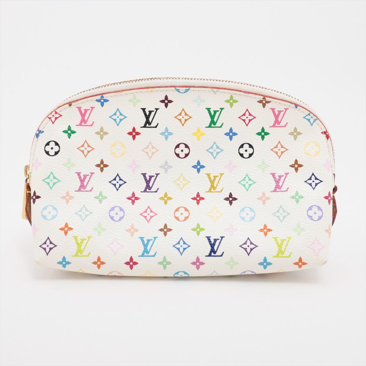 The Louis Vuitton Monogram Multicolor Pochette Cosmetic in White is a chic and versatile accessory that adds a pop of color to any ensemble. Crafted from iconic Monogram canvas adorned with vibrant multicolored motifs, the cosmetic pouch exudes a
