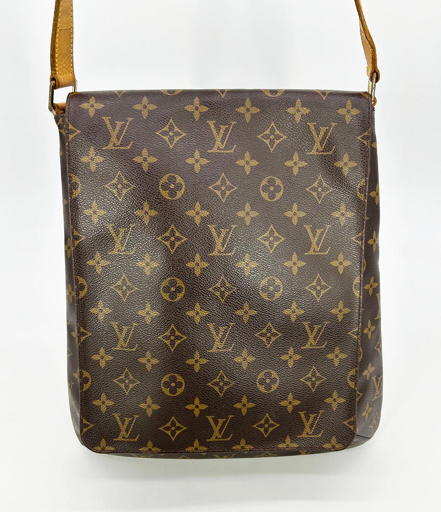 Louis Vuitton Monogram Mussette Salsa GM in good condition. Monogram canvas exterior trimmed with tan leather and gold brass hardware. Adjustable tan leather shoulder strap. Front flap closure opens to a golden microsuede lined interior with one