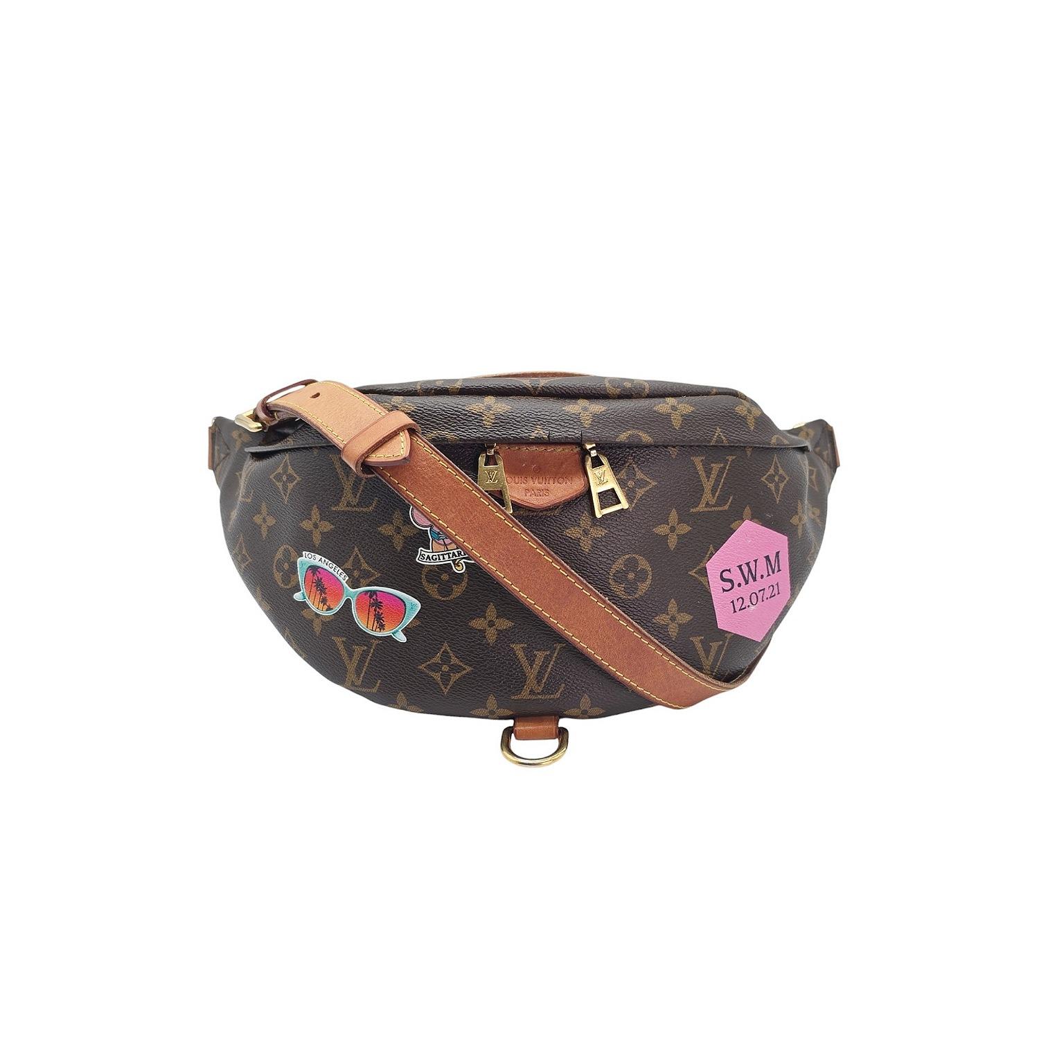 Experience luxury and convenience with the Louis Vuitton Monogram My LV World Tour Bumbag. Made with traditional coated canvas and leather trim, this bag features a top handle, adjustable waist strap, and rear zipper pocket with travel-inspired