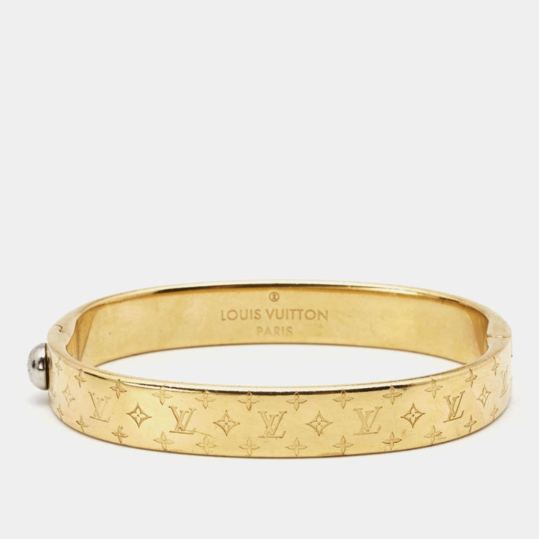 Louis Vuitton Classic LV Logo & Monogram Pattern Female High End Yellow Gold  Plated Cuff Bangle