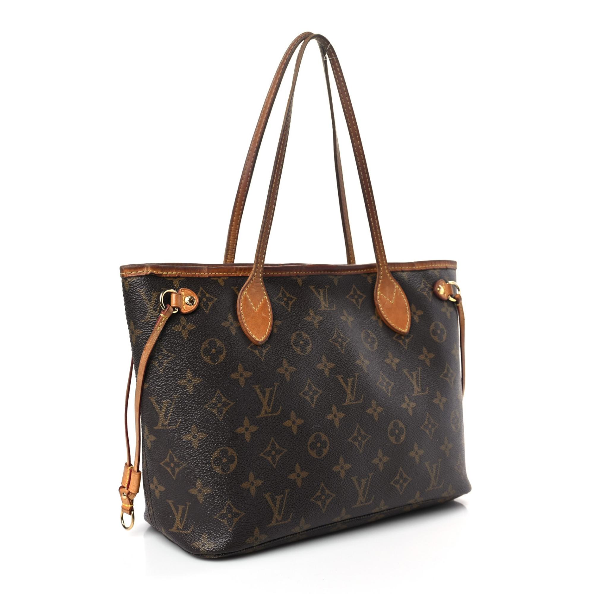 This is the PM (petit modèle or small model) of the Louis Vuitton neverfull tote bag. This style in the PM size was discontented and is no longer available at the boutique.

This tote is made of classic Louis Vuitton monogram coated canvas. The tote