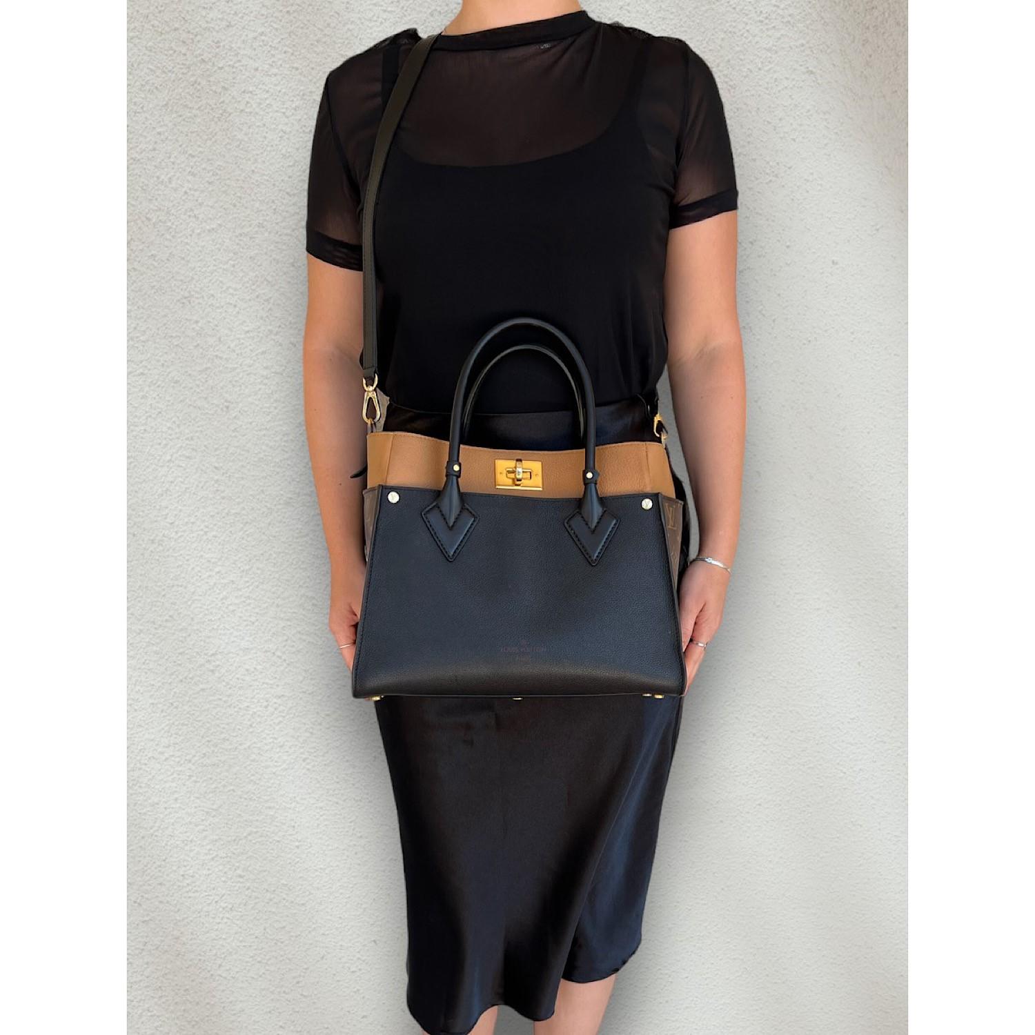 The On My Side MM tote bag is fashioned from an elegant combination of small-grained calf leather and emblematic Monogram canvas. The large outside pockets in contrasting canvas create a bag-in-a-bag look. The roomy interior can easily hold